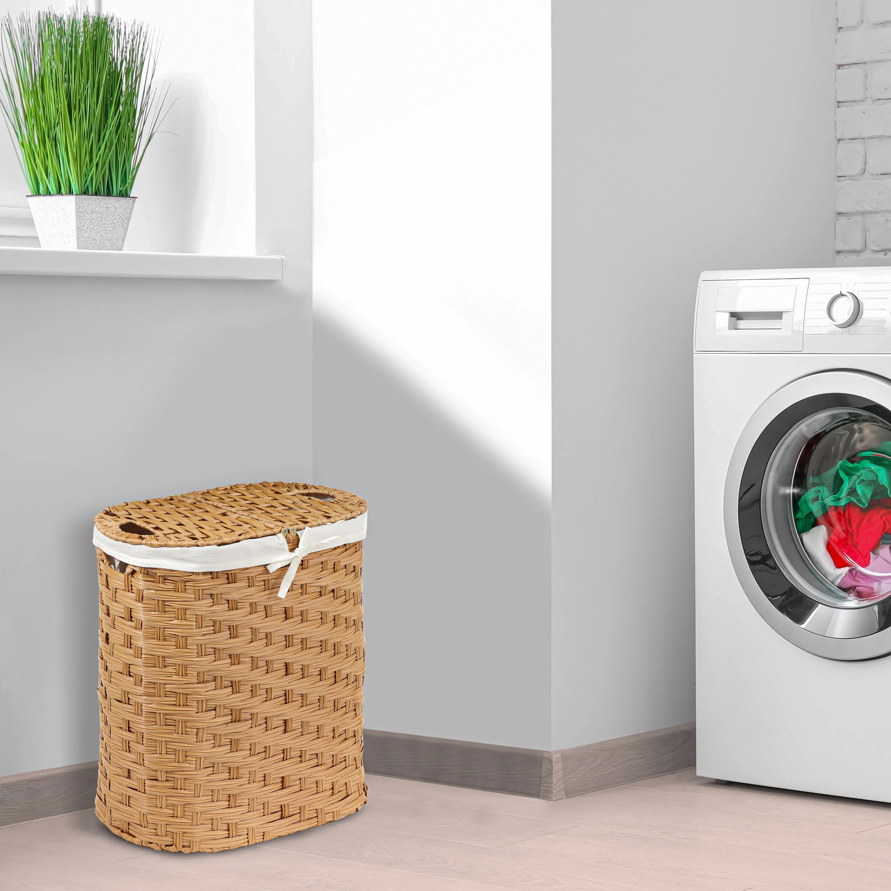 Seville Classics Handwoven Lidded Oval Double Laundry Hamper