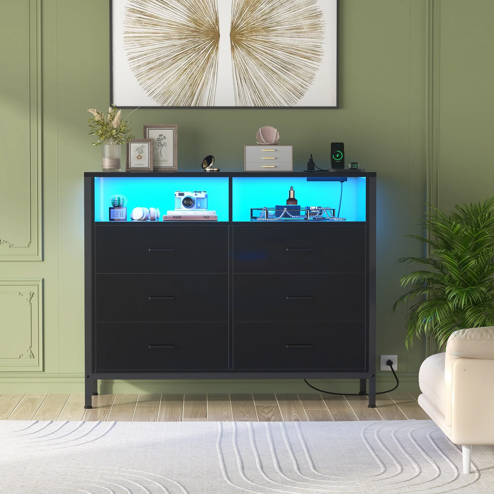 Chest of Drawers with LED Lights and Outlets,Wood Drawer Dresser for Clothes Storage