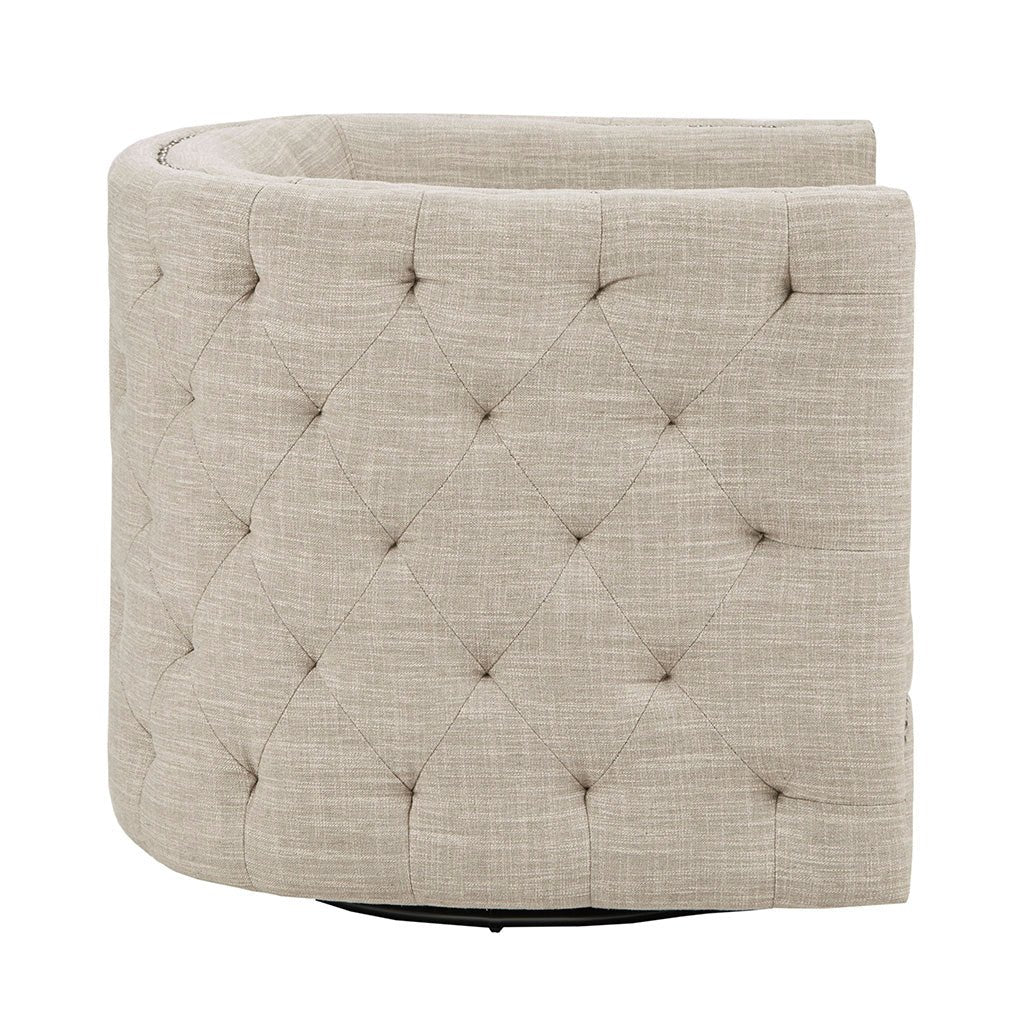 Button Tufted Upholstered Swivel Chair with Low Back and Nailhead Trim