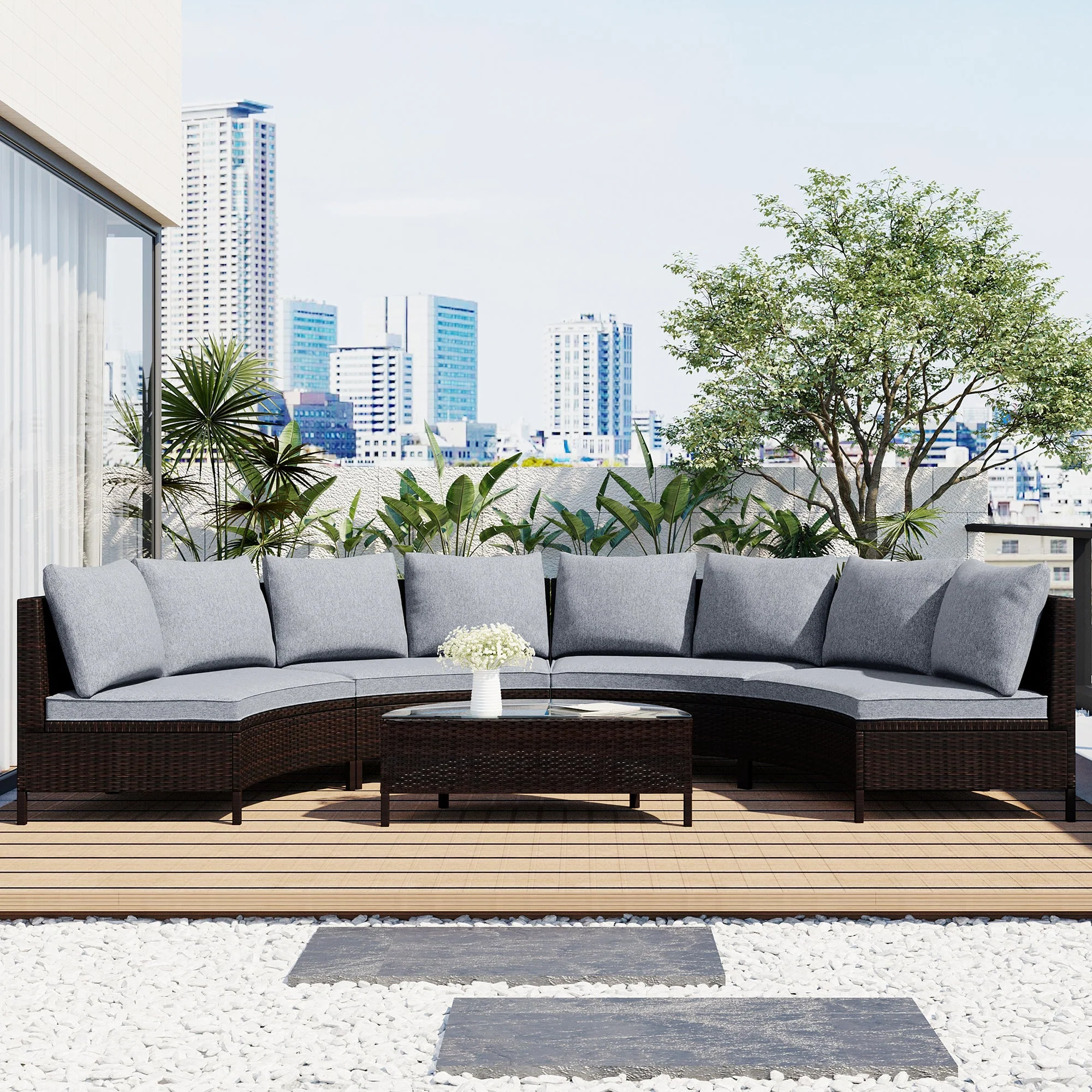 Odessa 5 Piece Outdoor Sectional Sofa Set with Tempered Glass Table
