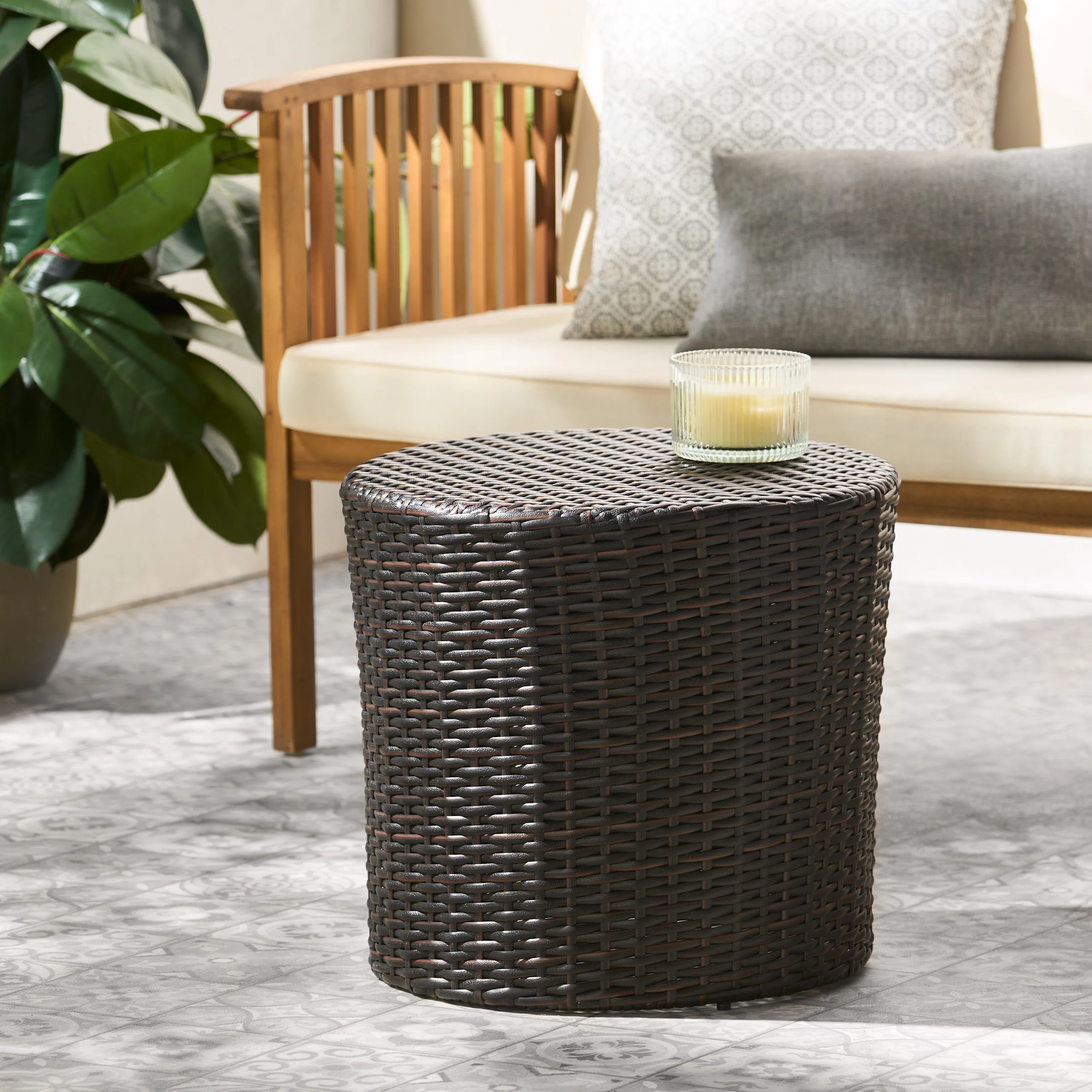 Barrel Side Table with Handcrafted Details, Brown