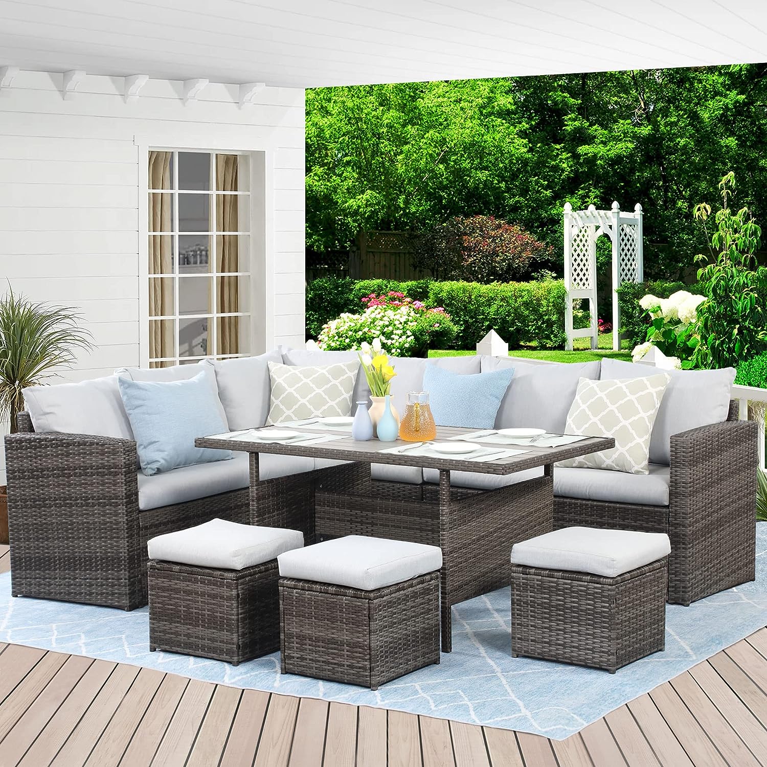 7-Pieces Outdoor Dining Sectional Sofa Set