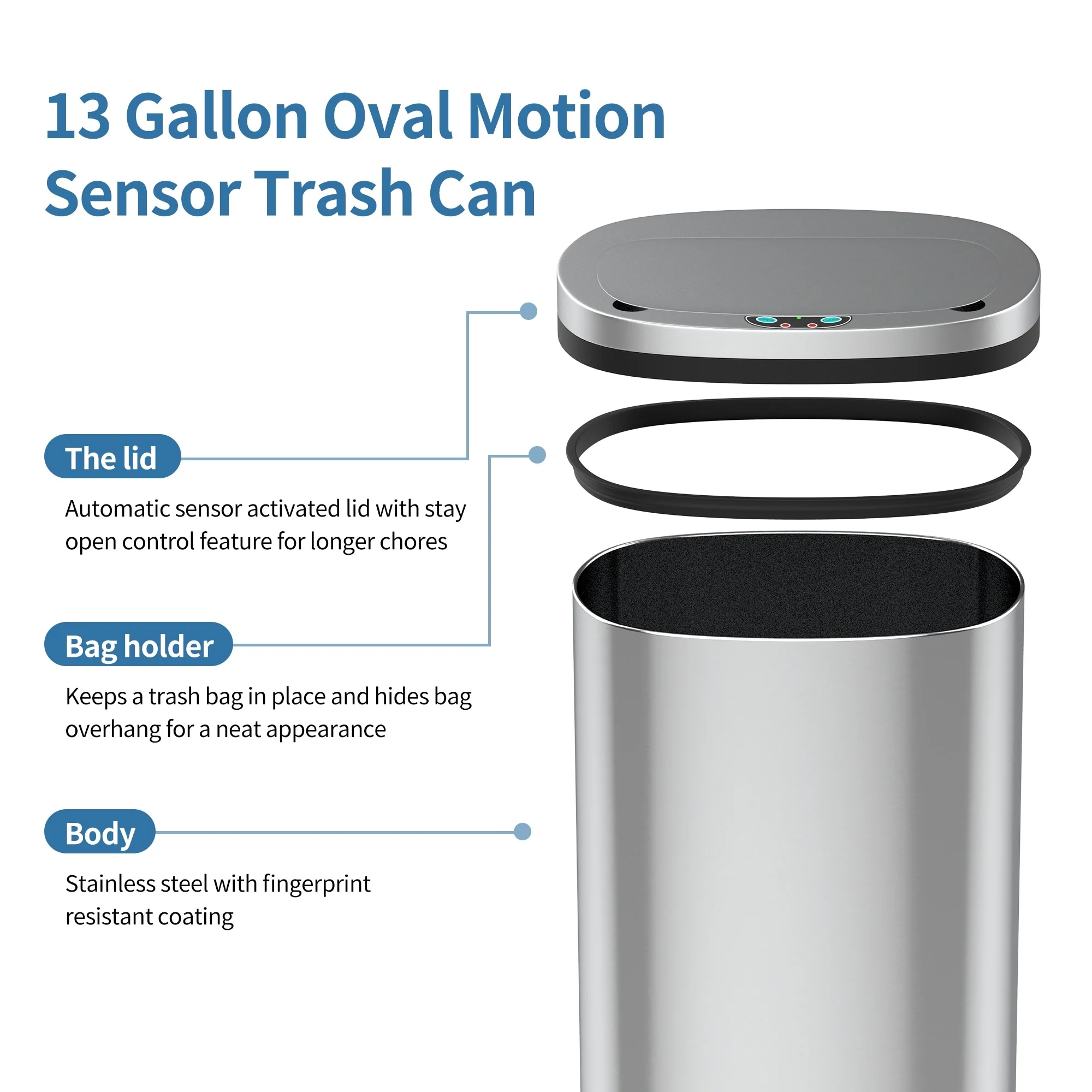 Innovaze 13 Gal./50 Liter Stainless Steel Oval Motion Sensor Trash Can for Kitchen