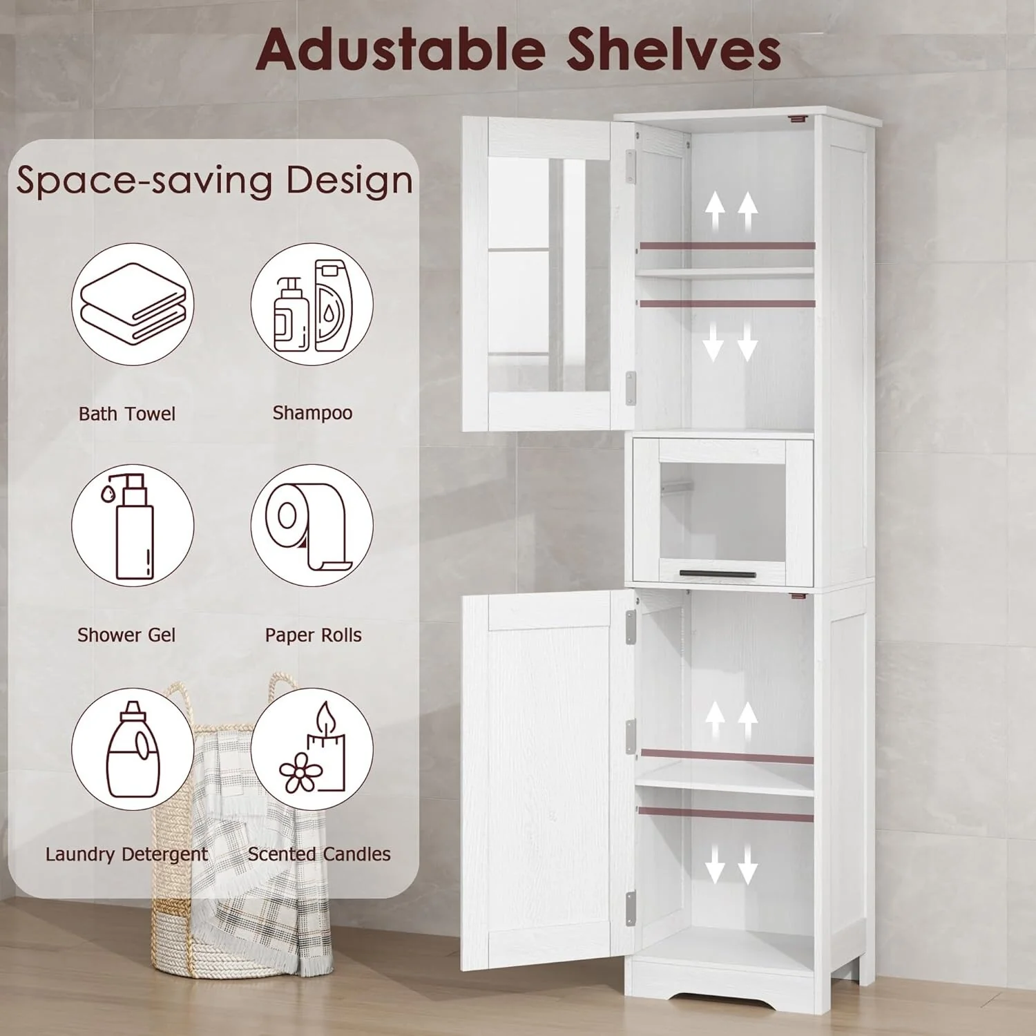 Tall Bathroom Cabinet, Linen Storage Cabinet with Doors and Adjustable Shelves and Drawer