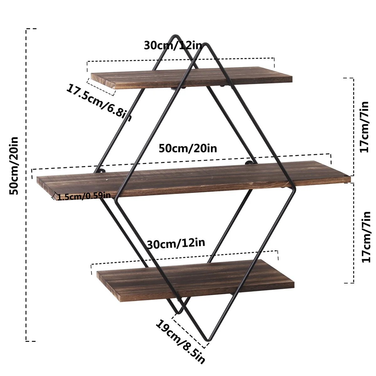 3Tier Metal Wall Shelves in Geometric Diamond for Home Display Storage