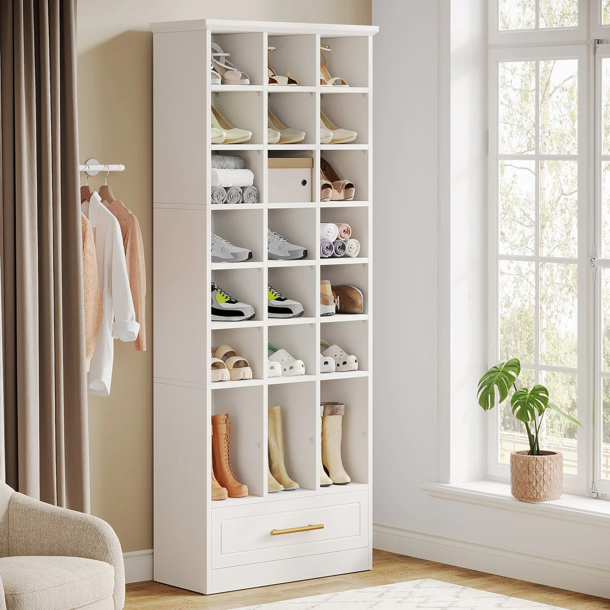 70.9-Inch Shoe Storage Cabinet, Tall Wooden Shoe Rack with 24 Cubbies and Drawer for Closet, Entryway, Living Room