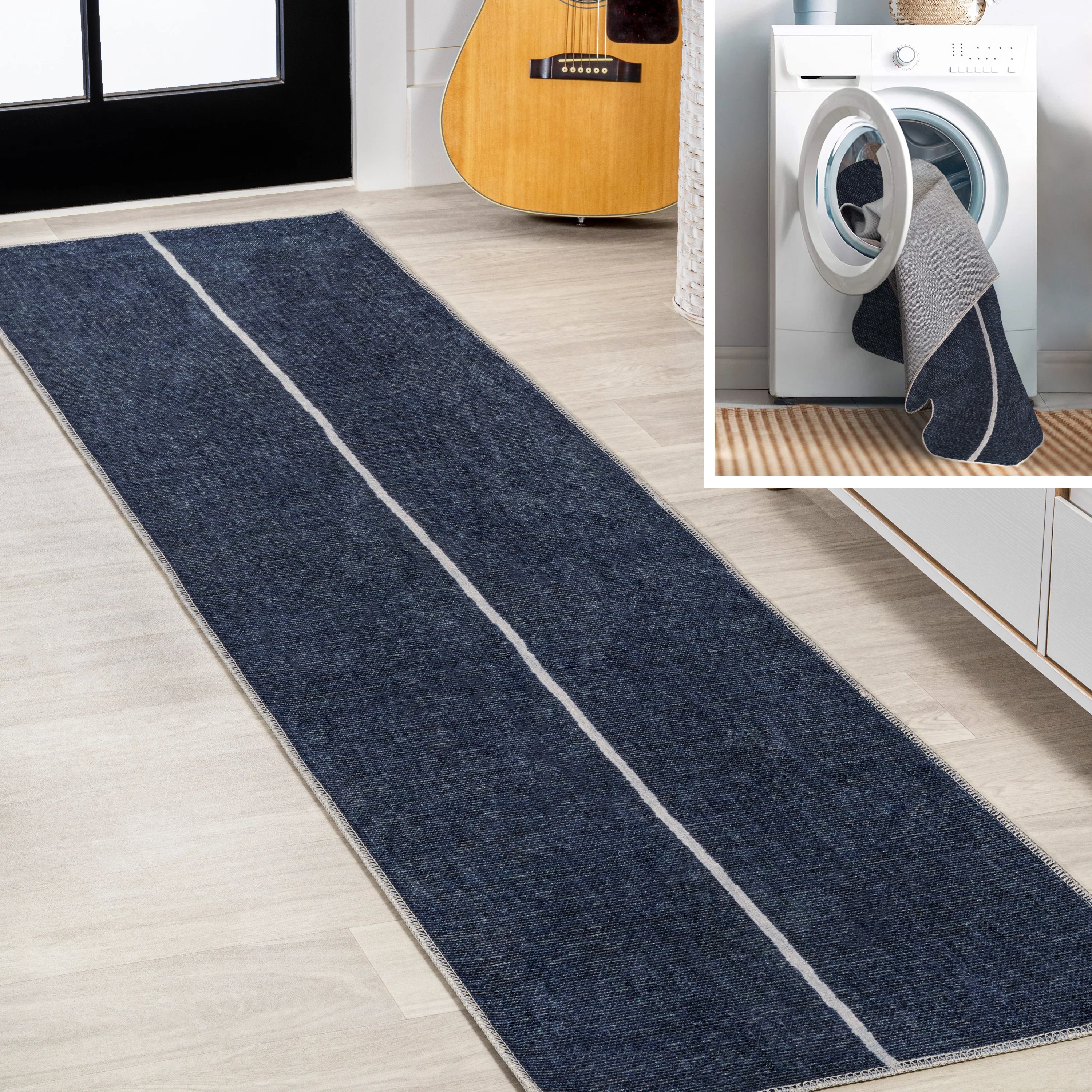 Linja Solid Centre Stripe Machine-Washable Area Rug