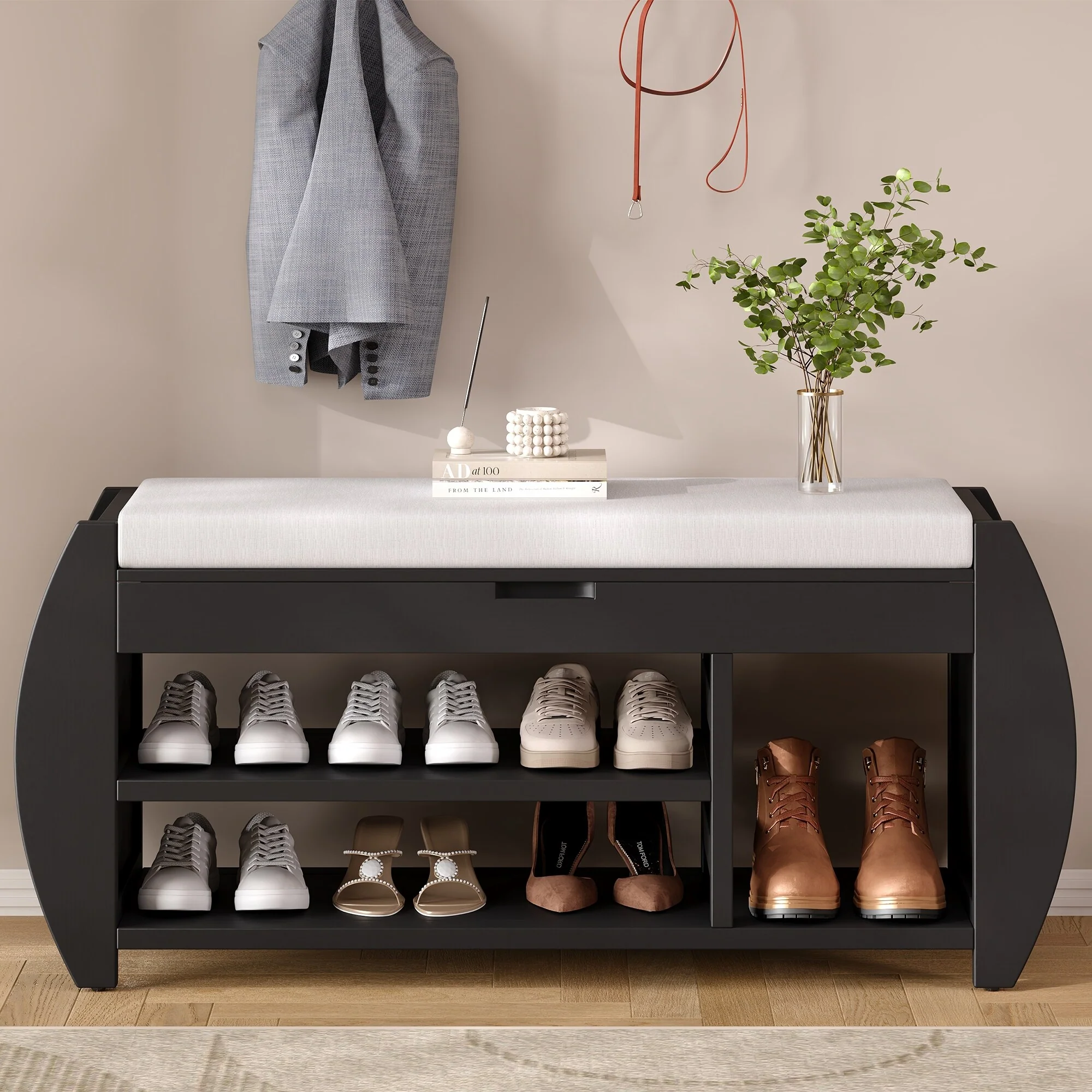 Multifunctional Storage Bench with Cushion and Curved Side Panel for Entrance and Living Room