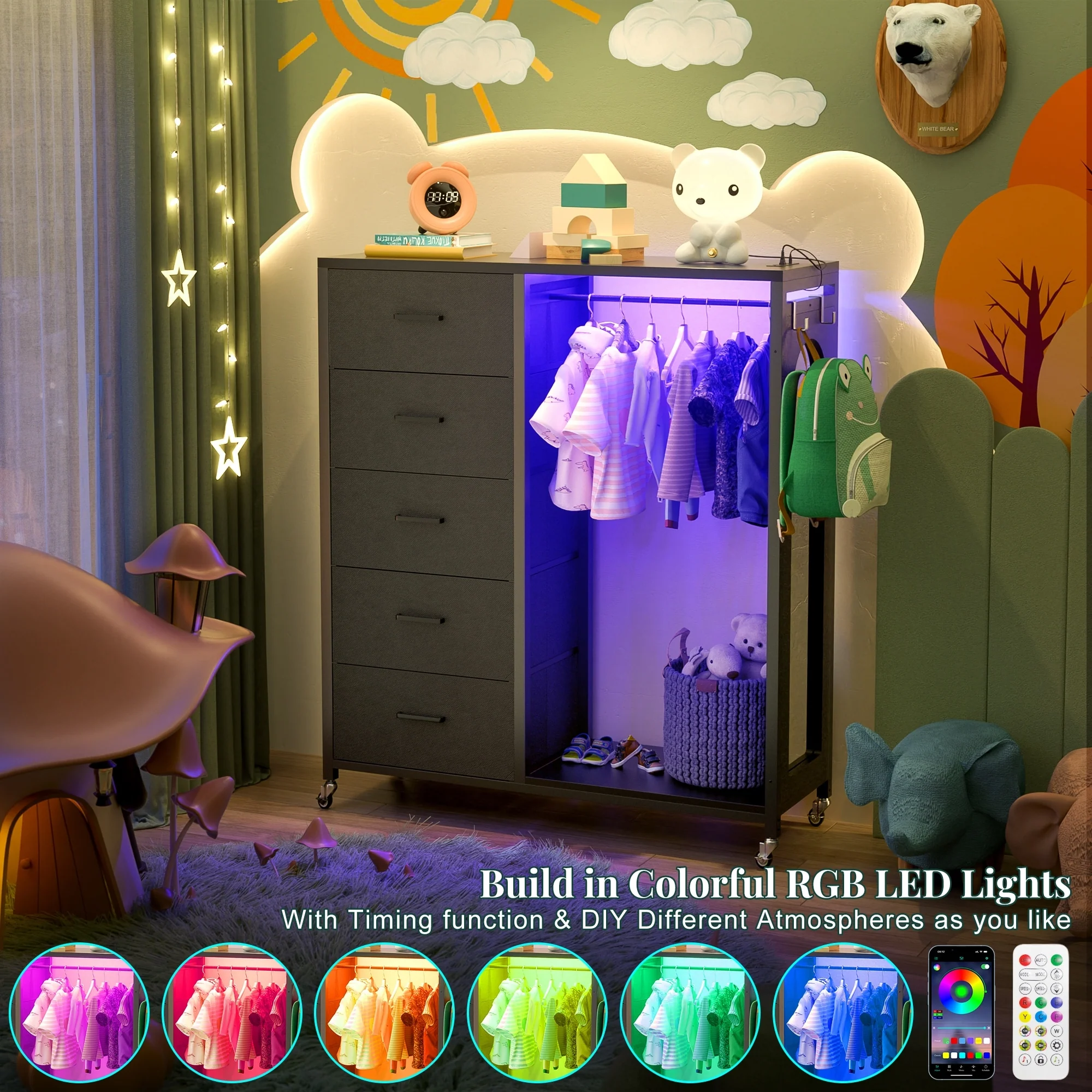 Kid's Closet Organizer with Fabric Drawers and Mirror, Rolling Dresser and Chest with Charge Station