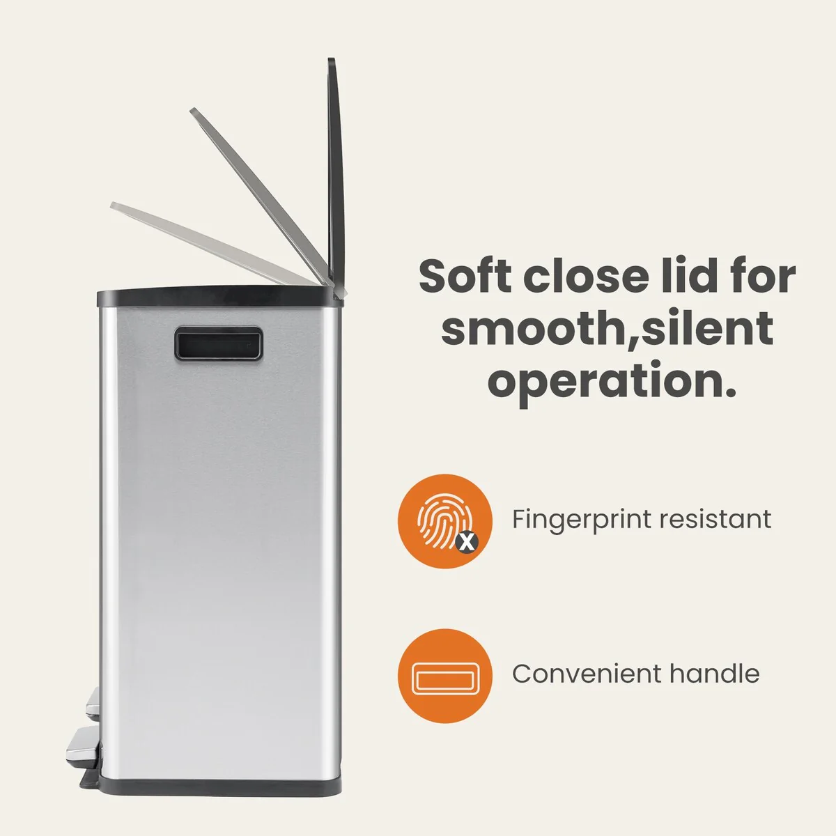 Large 60 Liter Stainless Steel Trash Can, Dual Compartment Plastic Inner Bucket (2 x 8 Gallon)