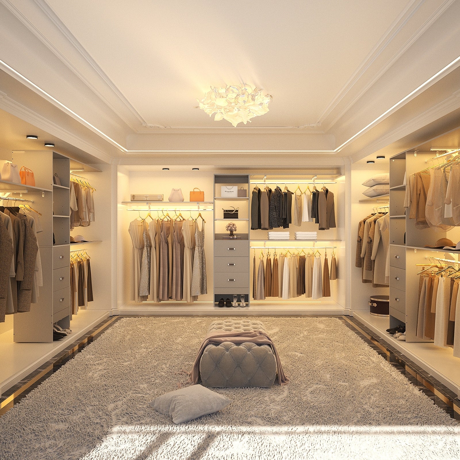 Rackcog 120'' Closet Organizer with Drawers, Closet System with DIY Shelves for Reach-in and Walk-in Closet