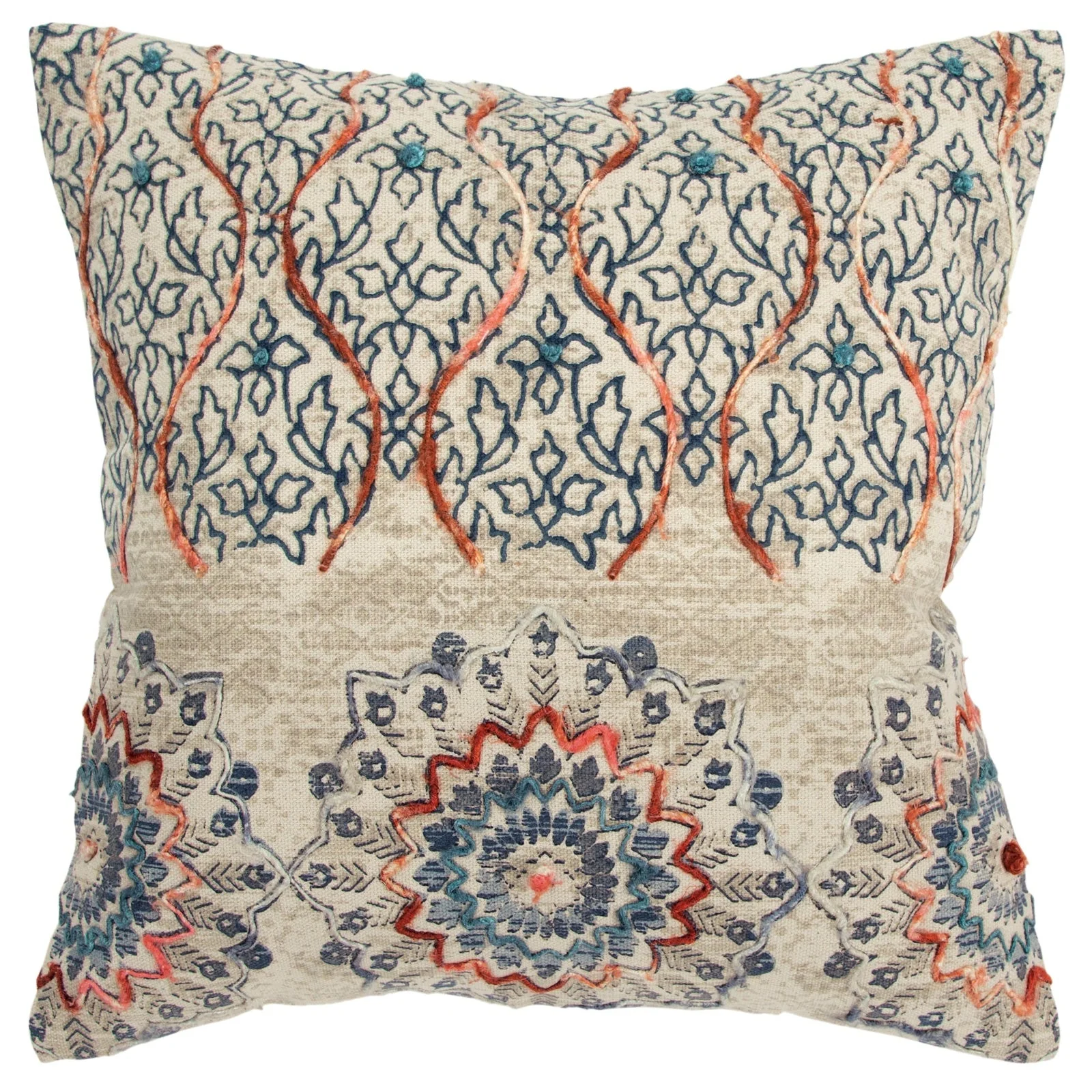 Knife Edge Printed With Embroidery Cotton Medallion With Vining Accents Decorative Throw Pillow