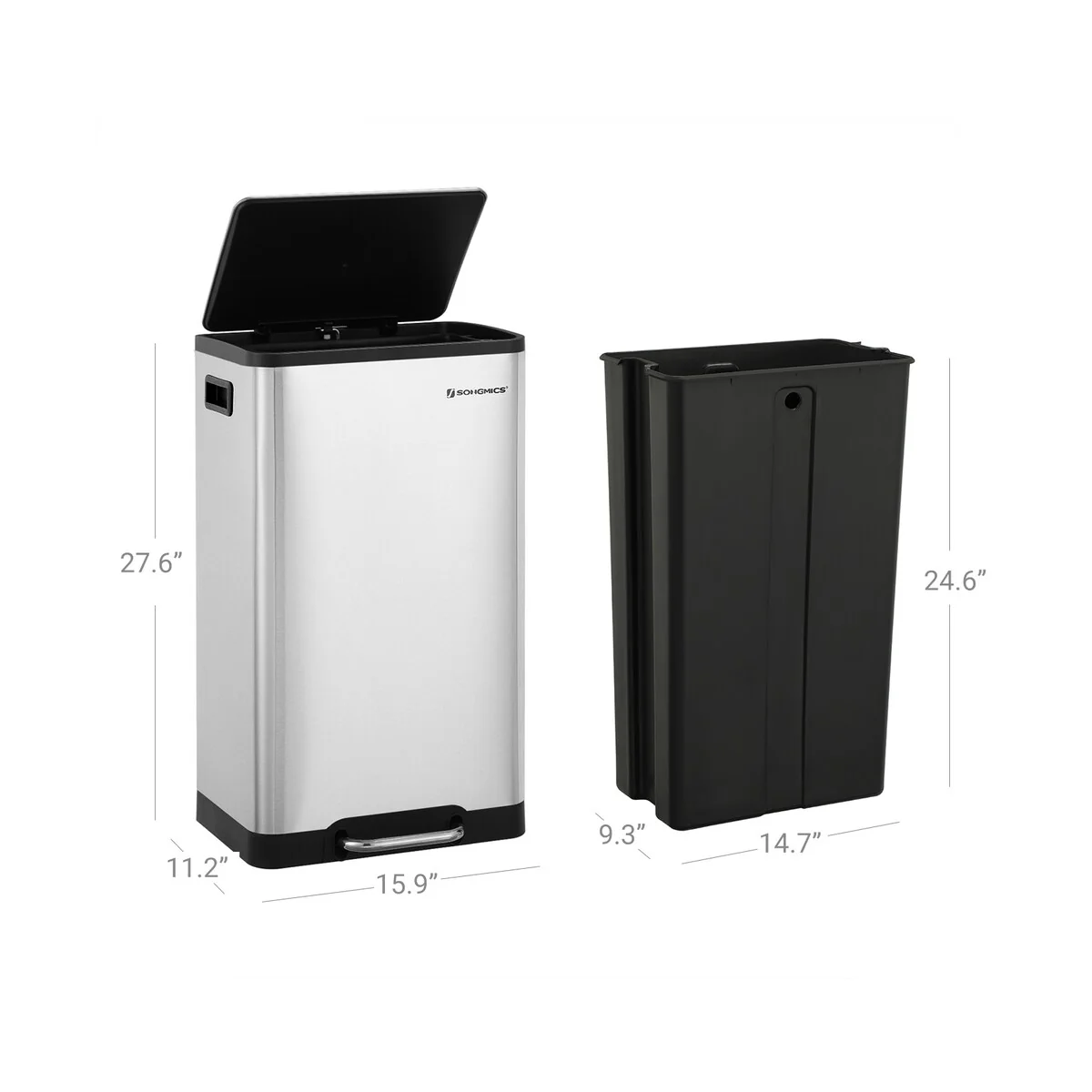 SONGMICS Trash Can, 12 Gallon Garbage Can, Stainless Steel, Silver