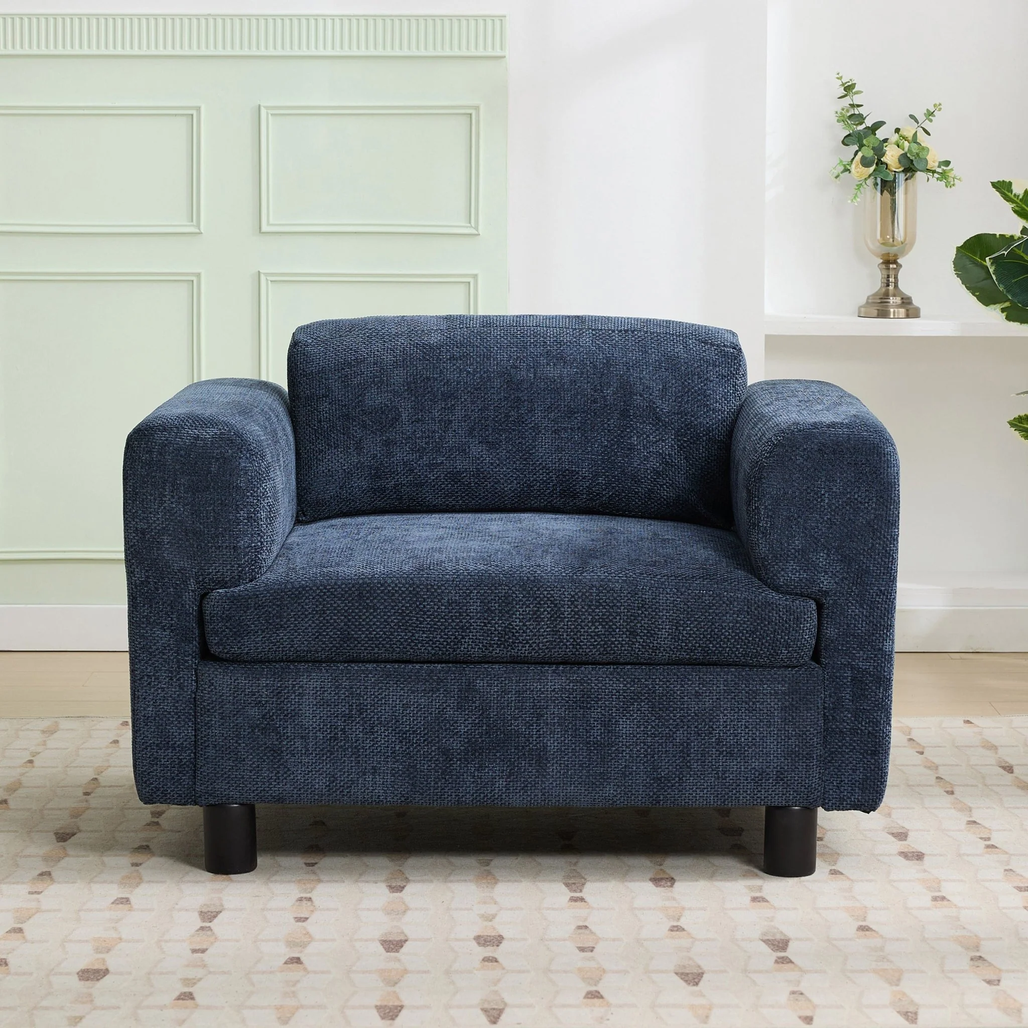 Elixired Upholstered Arm Chair with Tucked Armrests and Round Rubberwood Legs