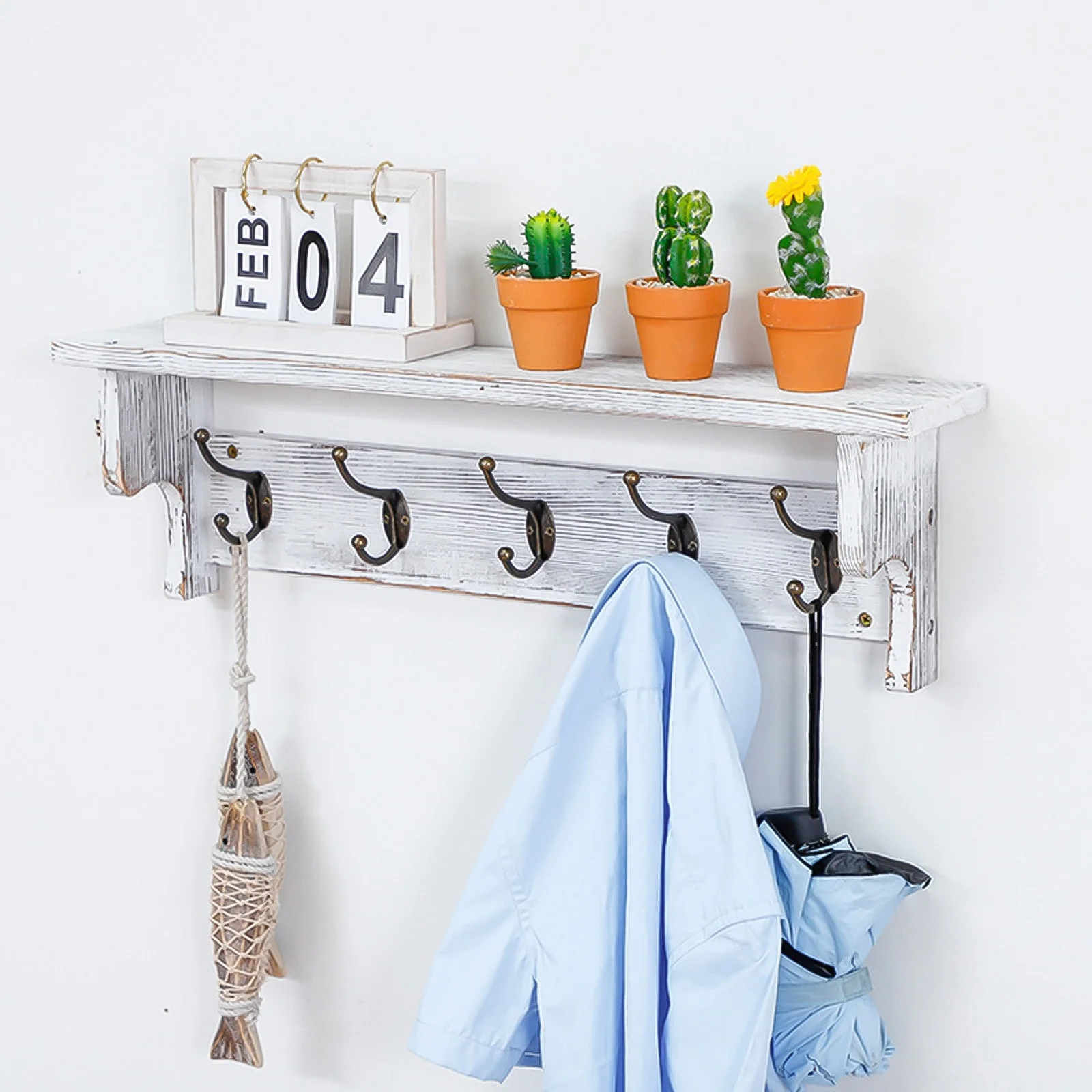 Rustic Wall Mounted Coat Rack with Storage Shelf & Metal Hooks