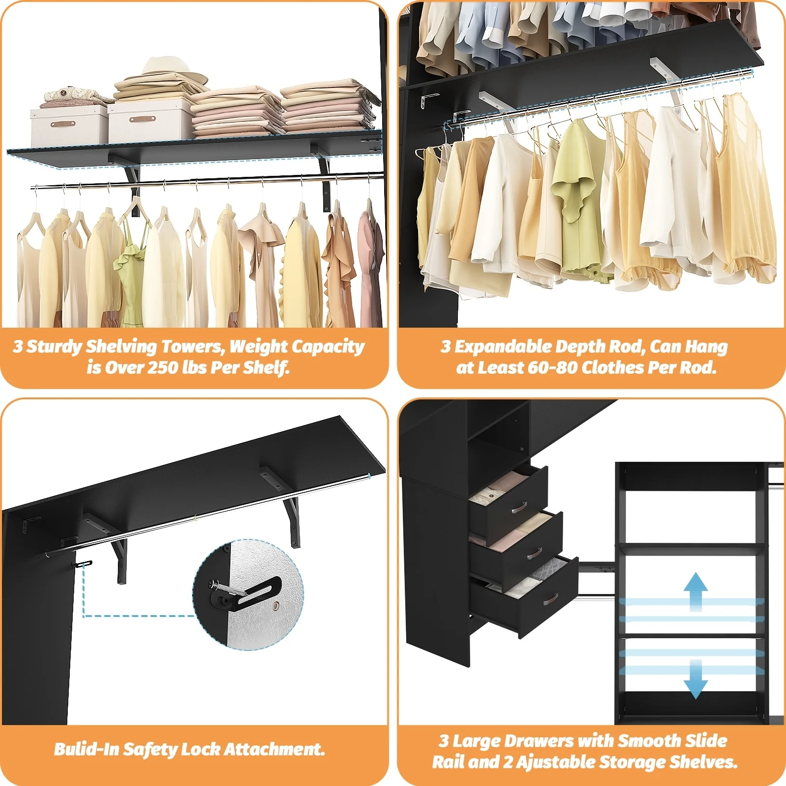 Rackcog 120'' Closet Organizer with Drawers, Closet System with DIY Shelves for Reach-in and Walk-in Closet