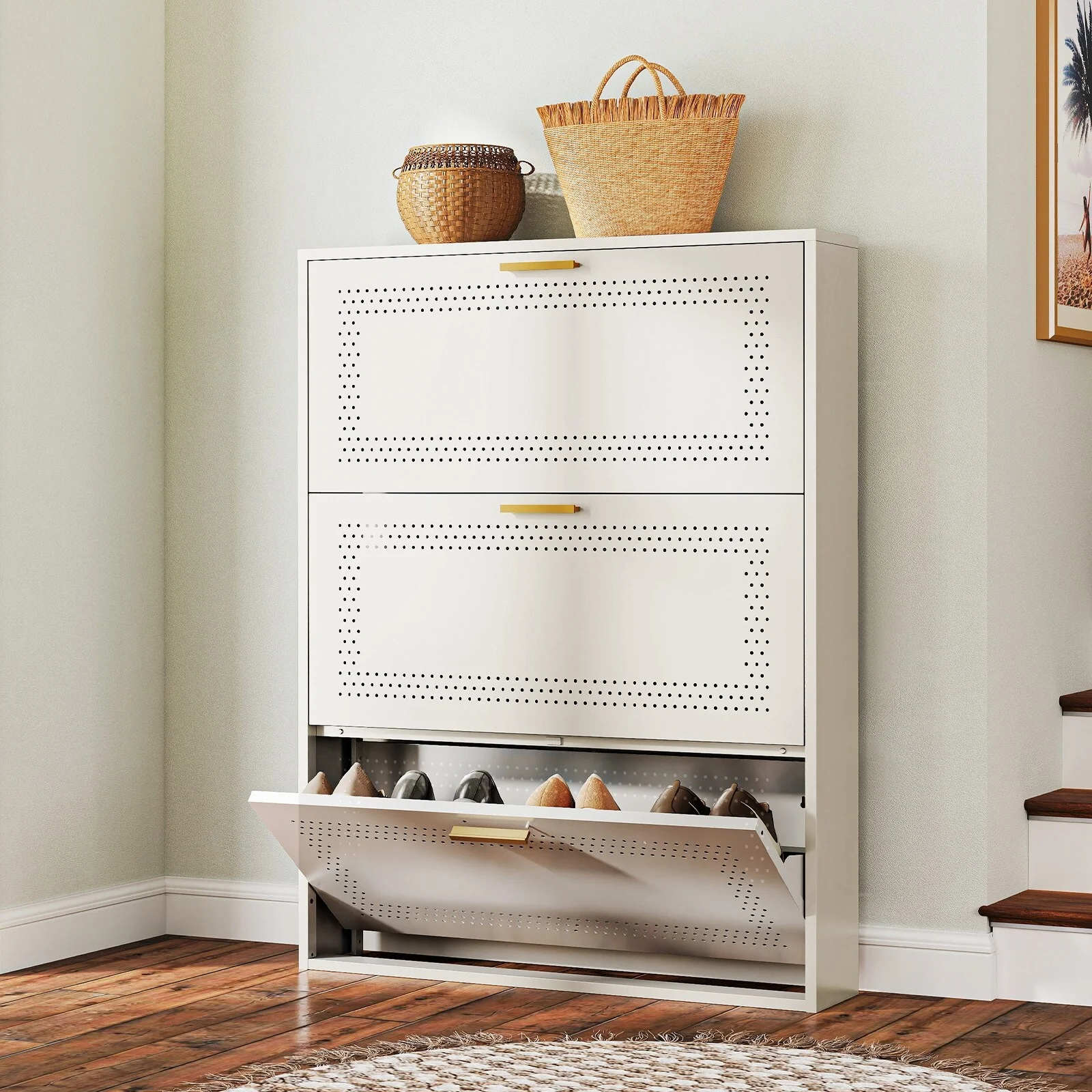 Metal Shoe Storage Cabinet with 3/4 Flip Drawers, Breathable & Space Saving