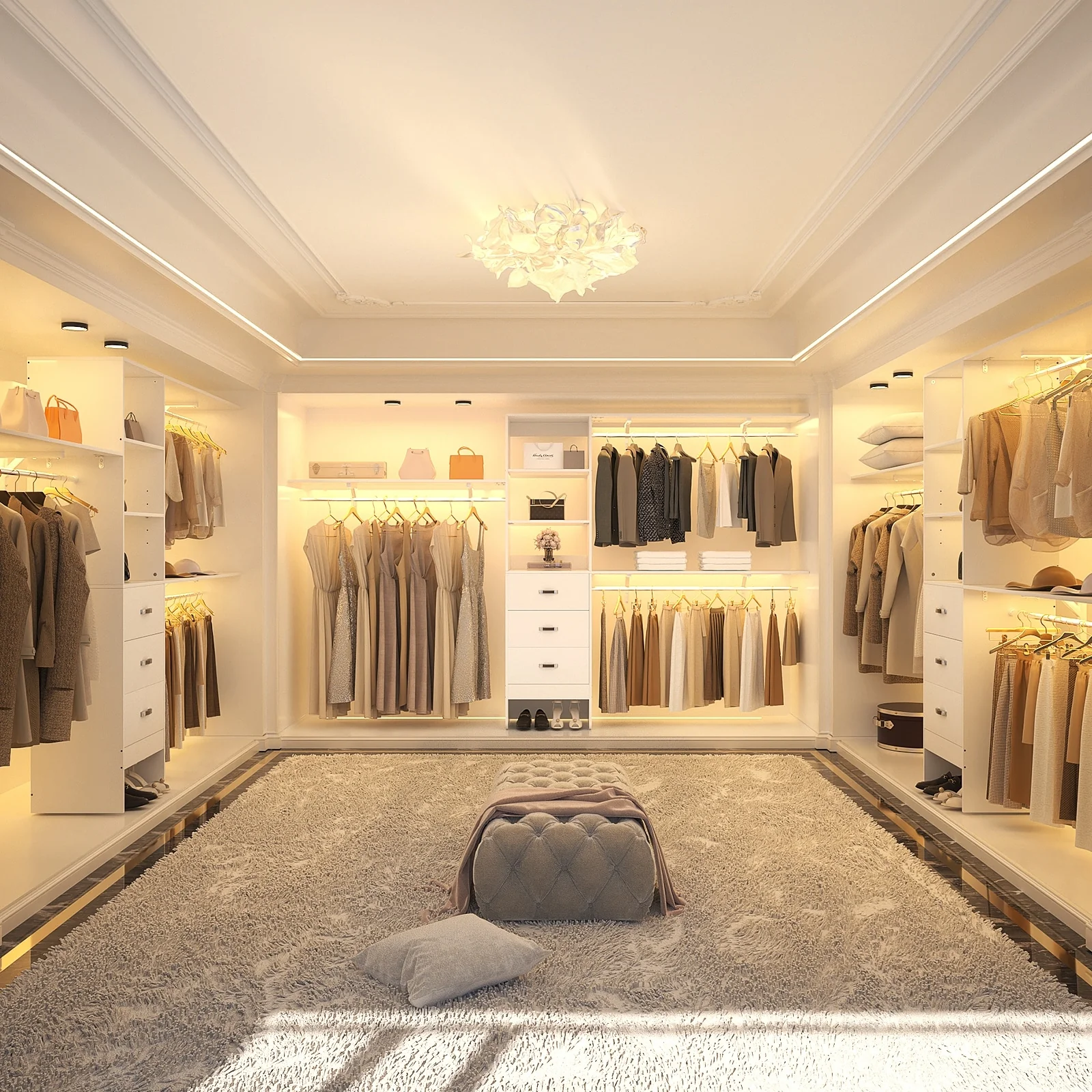 Rackcog 120'' Closet Organizer with Drawers, Closet System with DIY Shelves for Reach-in and Walk-in Closet