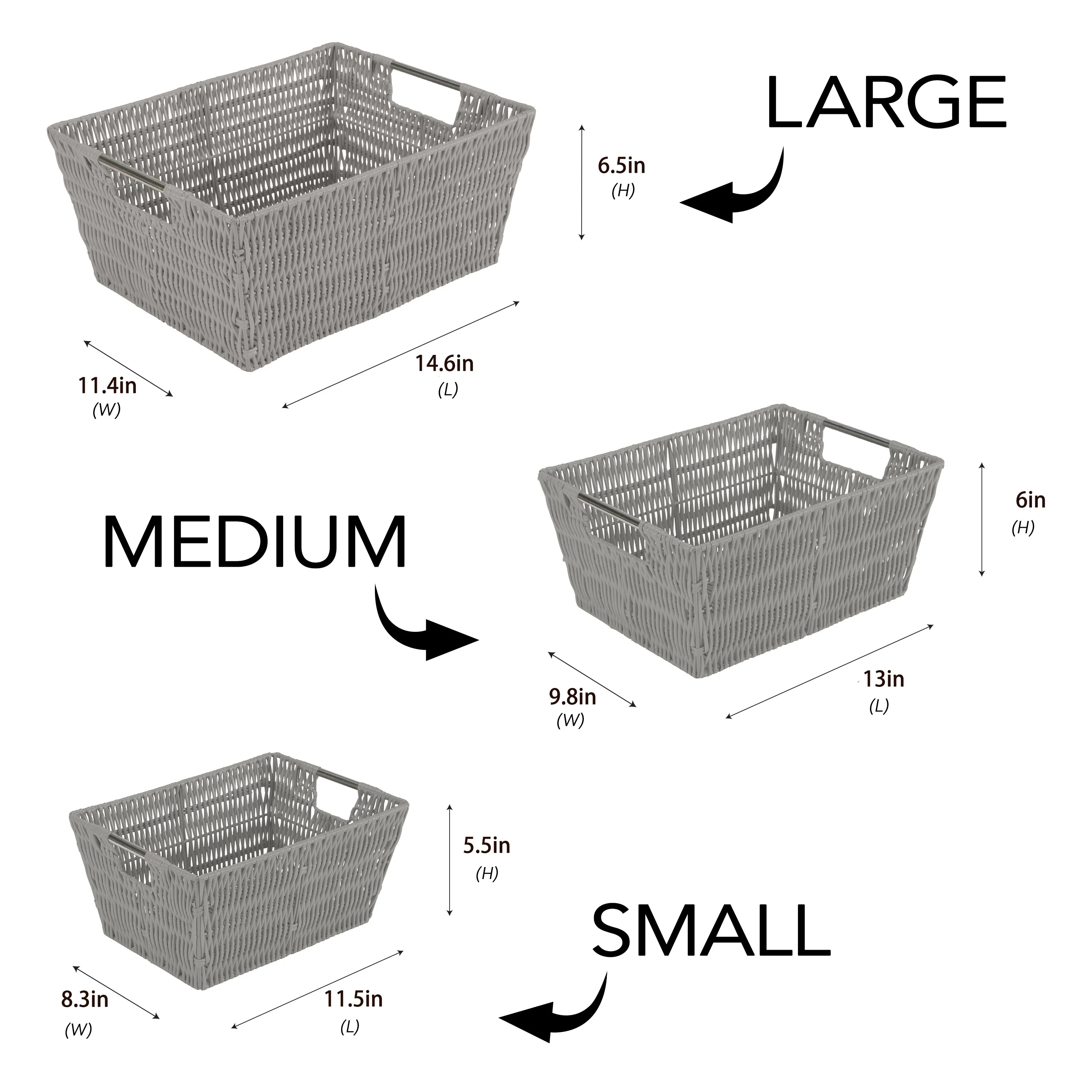 Simplify 3 Pack Set Rattan Tote Baskets in Charcoal