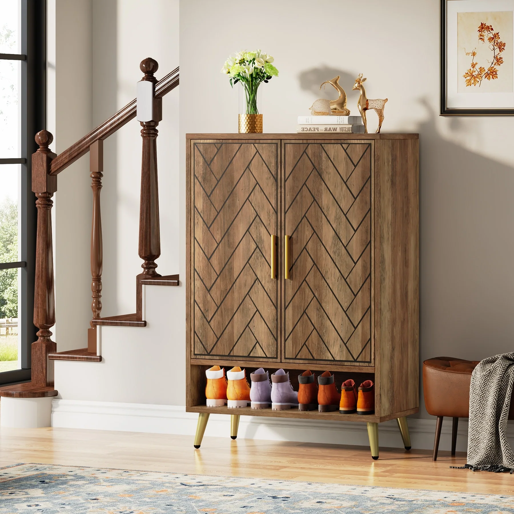 Walnut Shoe Cabinet, 6-Tier Wooden Shoe Organizer with Stable Leg