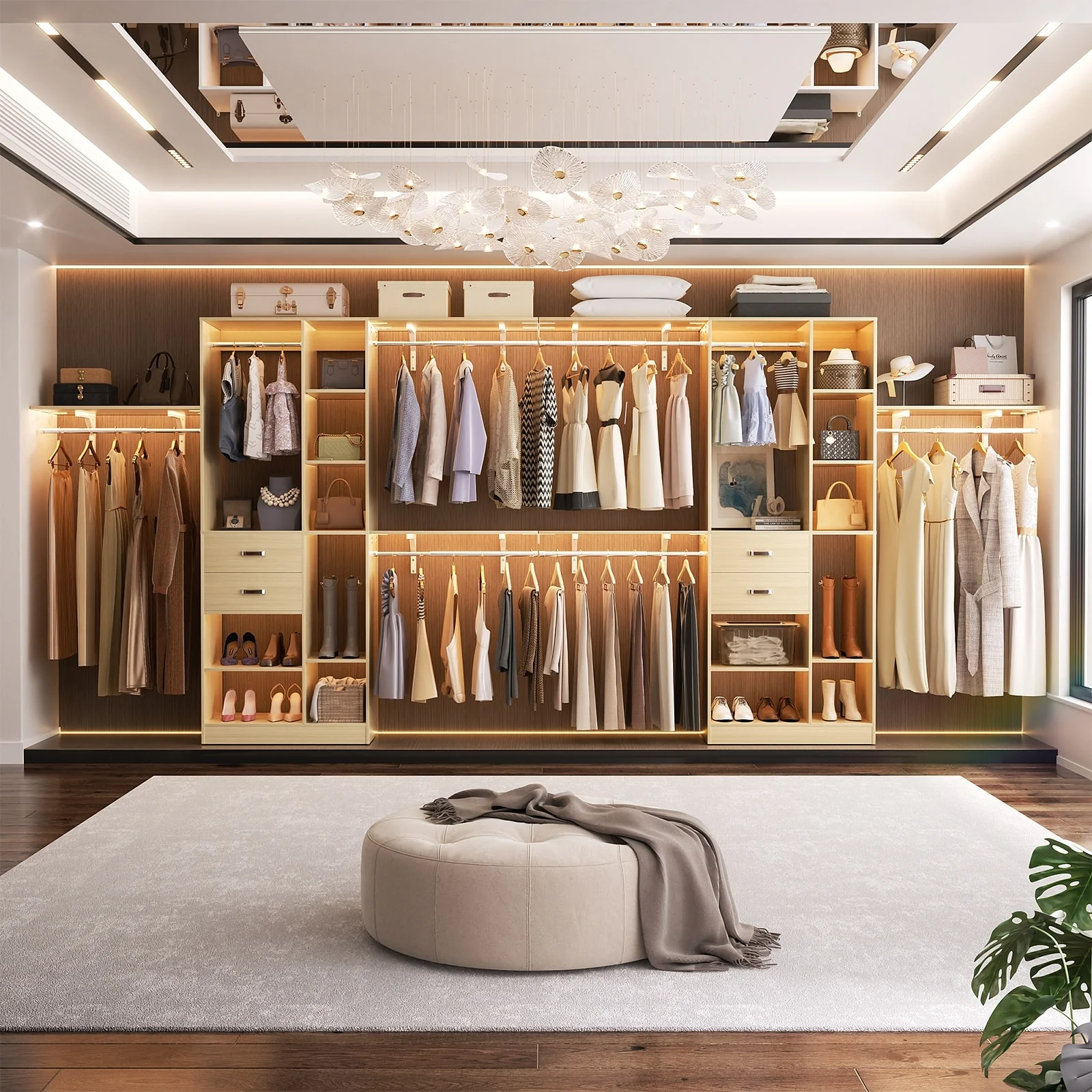 31.5'' to 96'' W Closet Organizer System with Drawers and Tower Shelves for Reach-in and Walk-in Closet