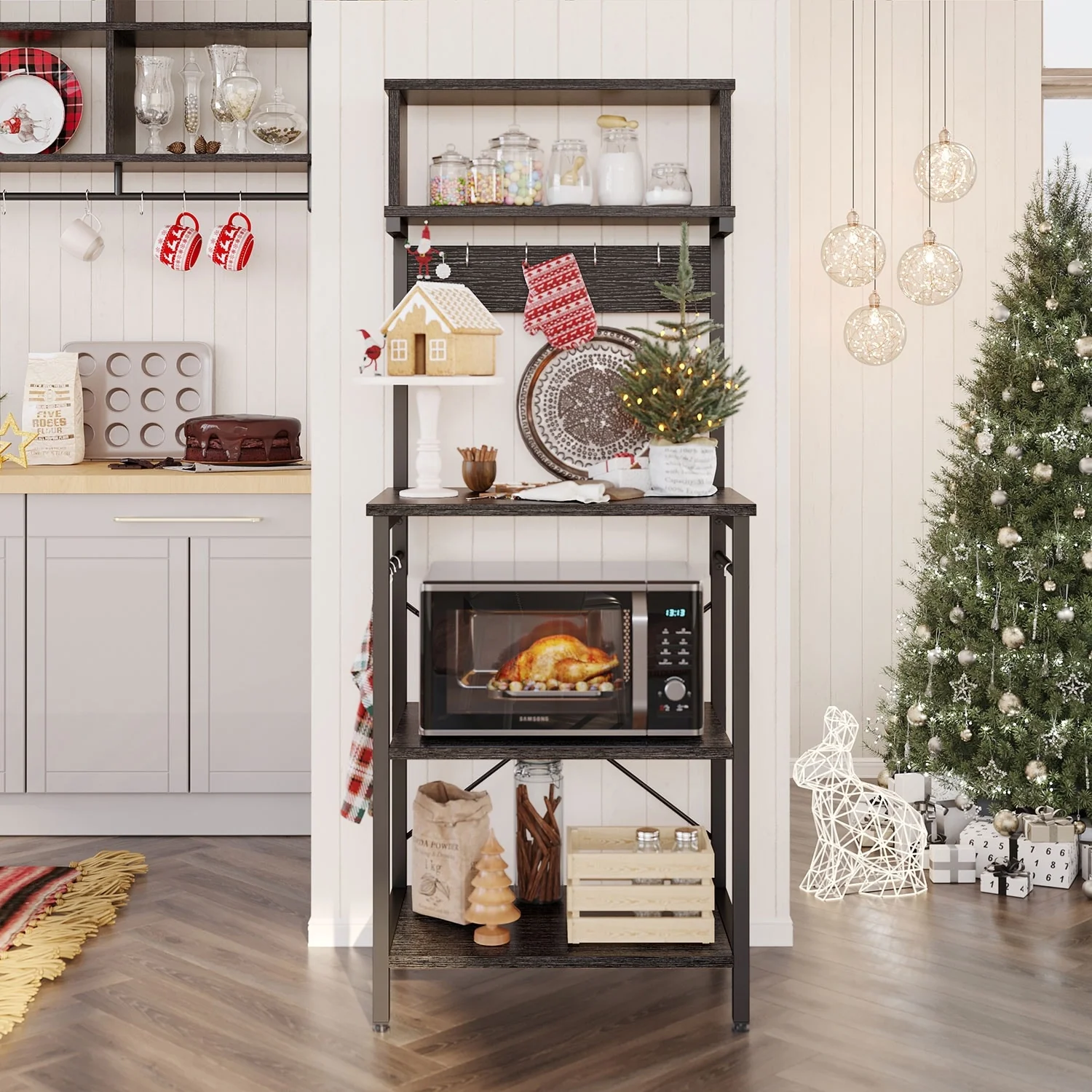 60 Inch Kitchen Baker's Rack with Hutch 8 Side Hooks