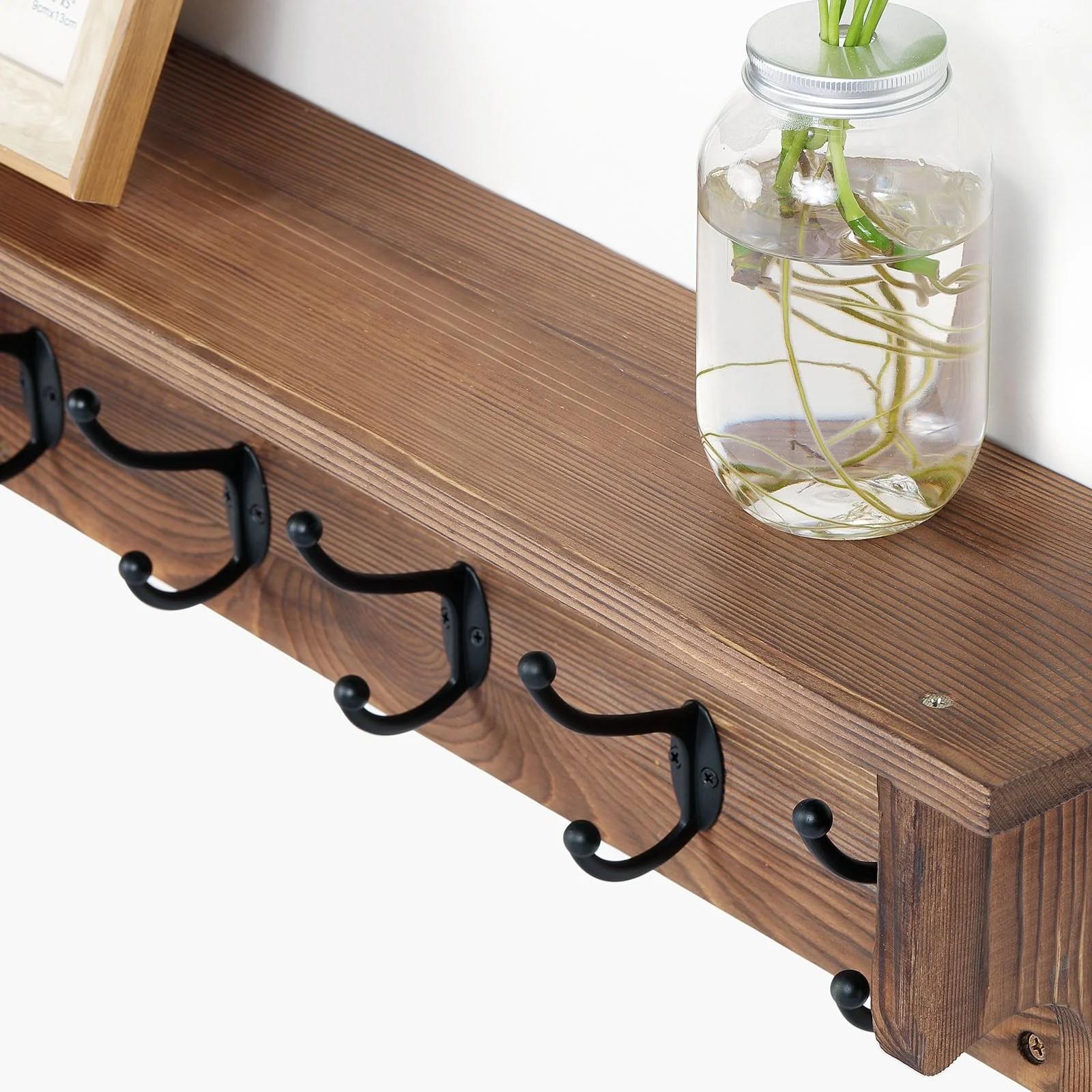Rustic Wall Mounted Coat Rack with Storage Shelf & Metal Hooks
