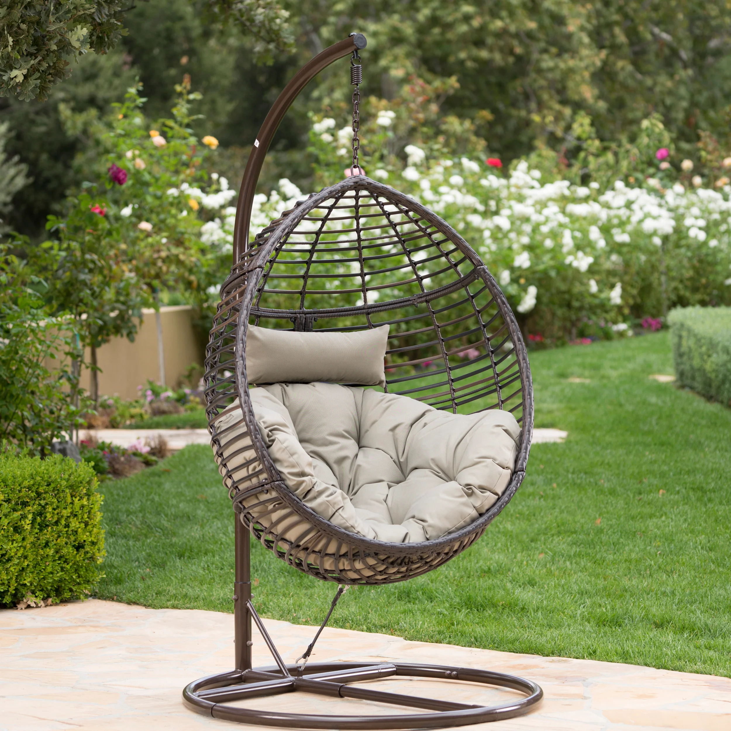 Liberation Outdoor Hanging Basket Chair with Metal Frame and Seat Cushion