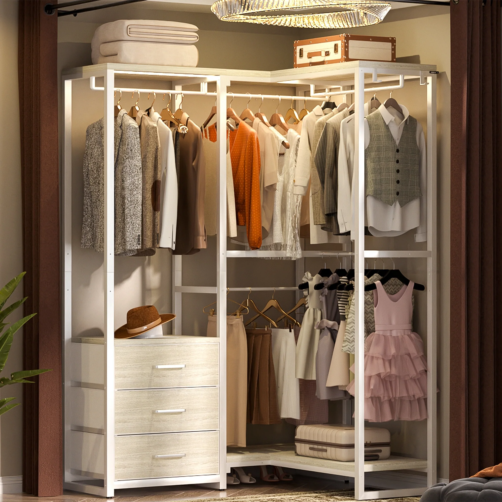 65.6'' Heavy-duty Garment Rack, Freestanding Closet Organizer with Fabric Drawers and 5 hanging Rods