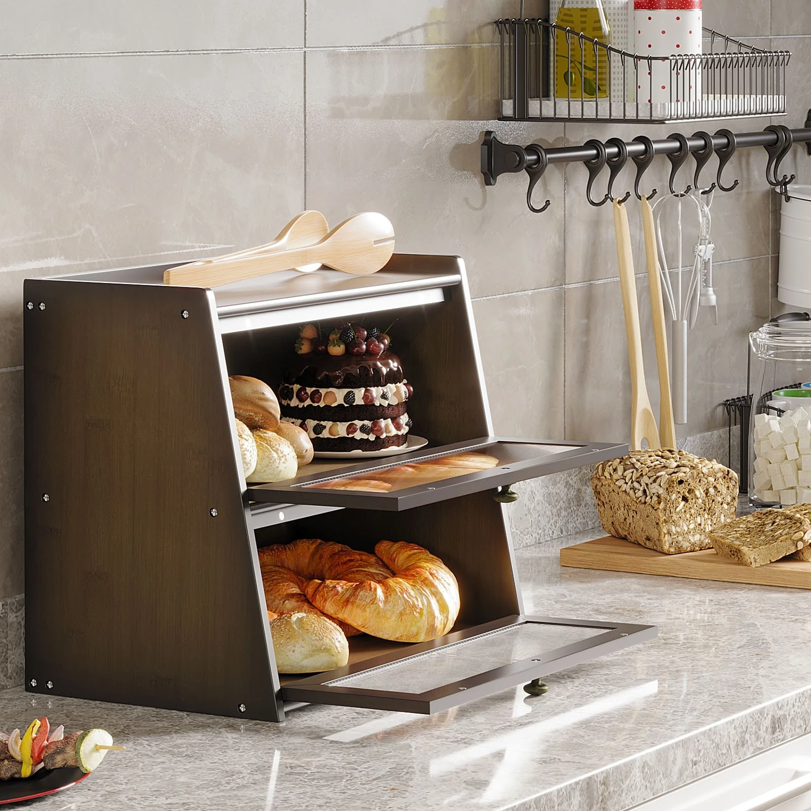 Double Layer Bamboo Bread Box for Kitchen Counter, Large Capacity Bread Storage Bin with Window Bread Holder.