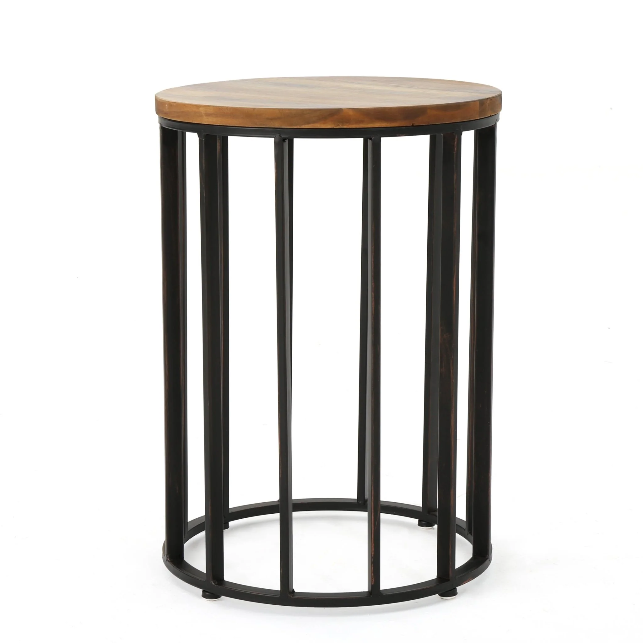 Outdoor Cylindrical Side Table with Round Solid Wood Top and Metal Frame