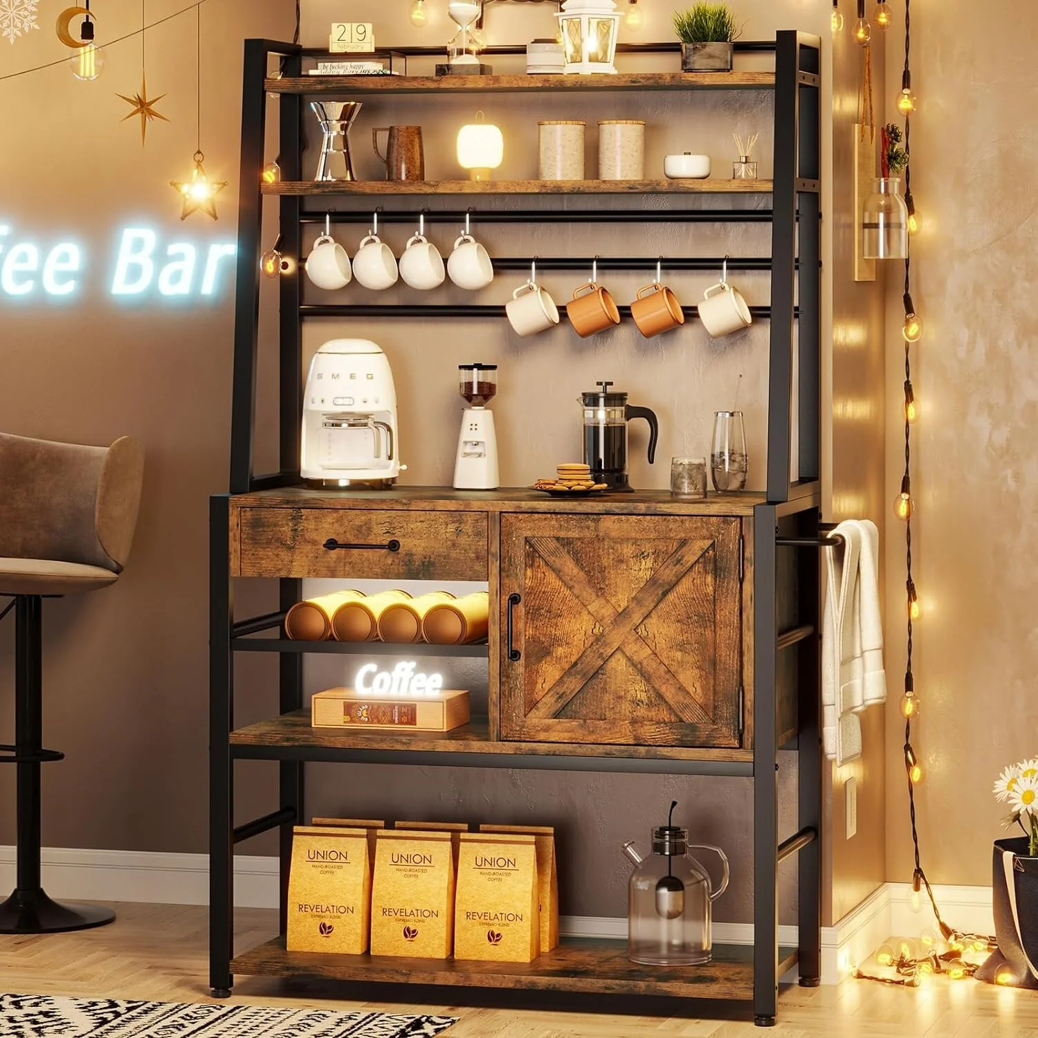 Baker's Rack Coffee Bar Cabinet Farmhouse Microwave Stand