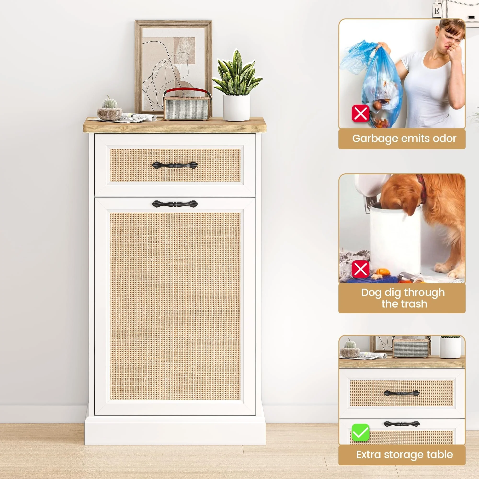 Rattarn Kitchen Tilt Out Trash Can Cabinet with Drawer