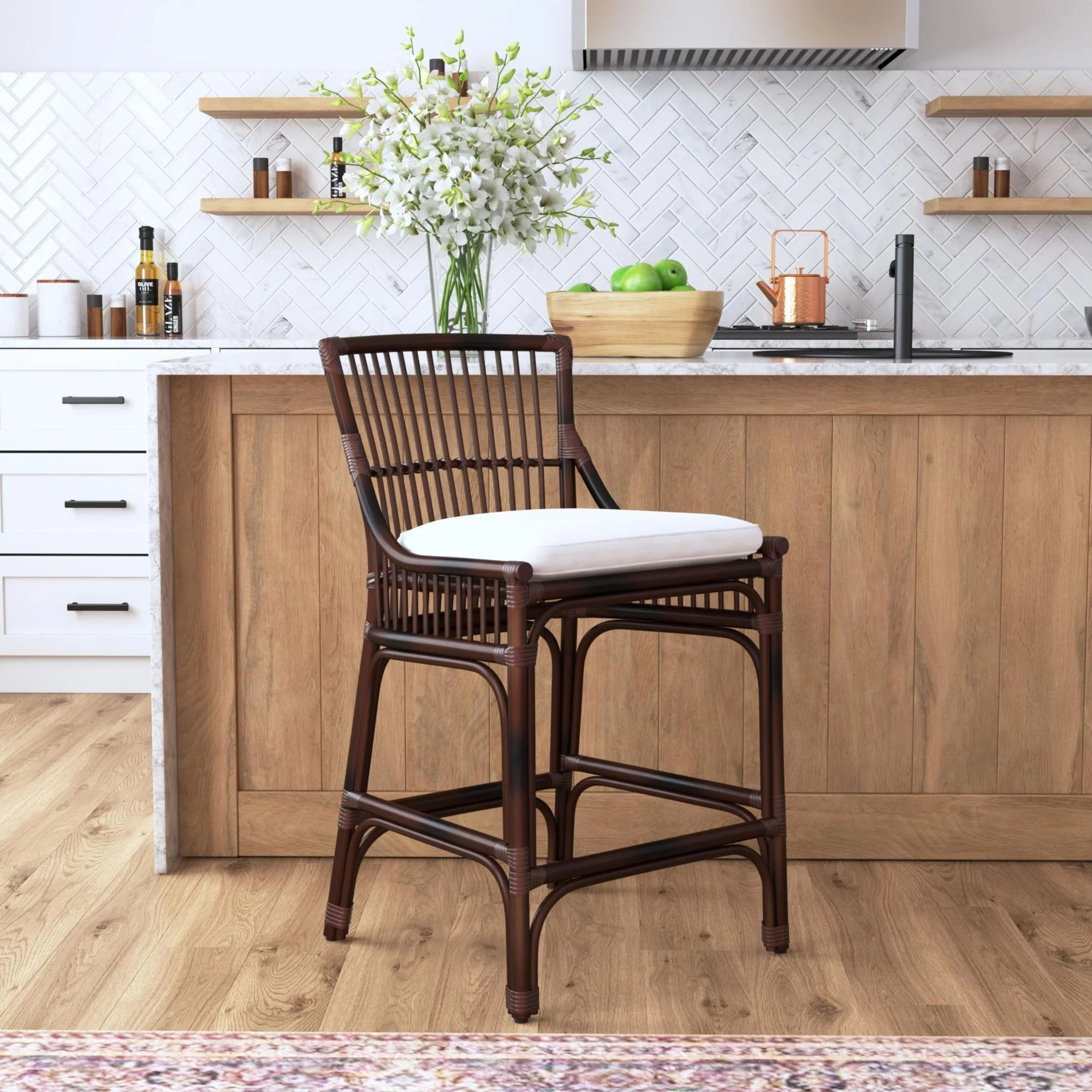 Rattan Slat Back Counter Stool Dark Brown