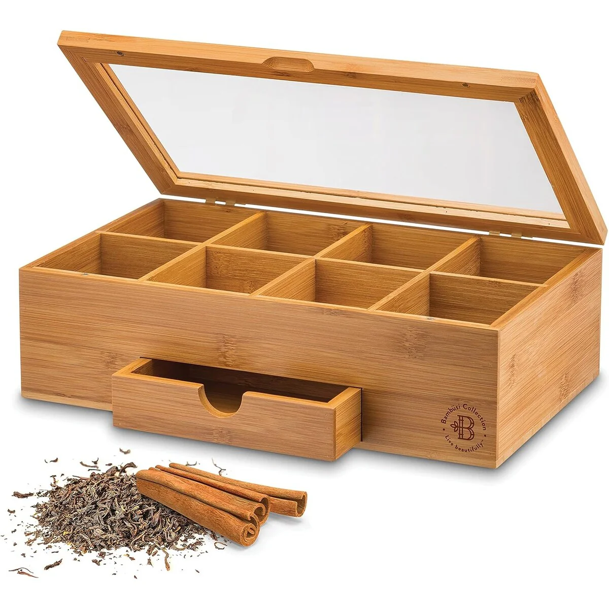 Tea Bag Organizer - Tea Organizer: Wooden Tea Box with 8 Compartments, Acrylic Window, and Magnetic Lid, Made of Bamboo