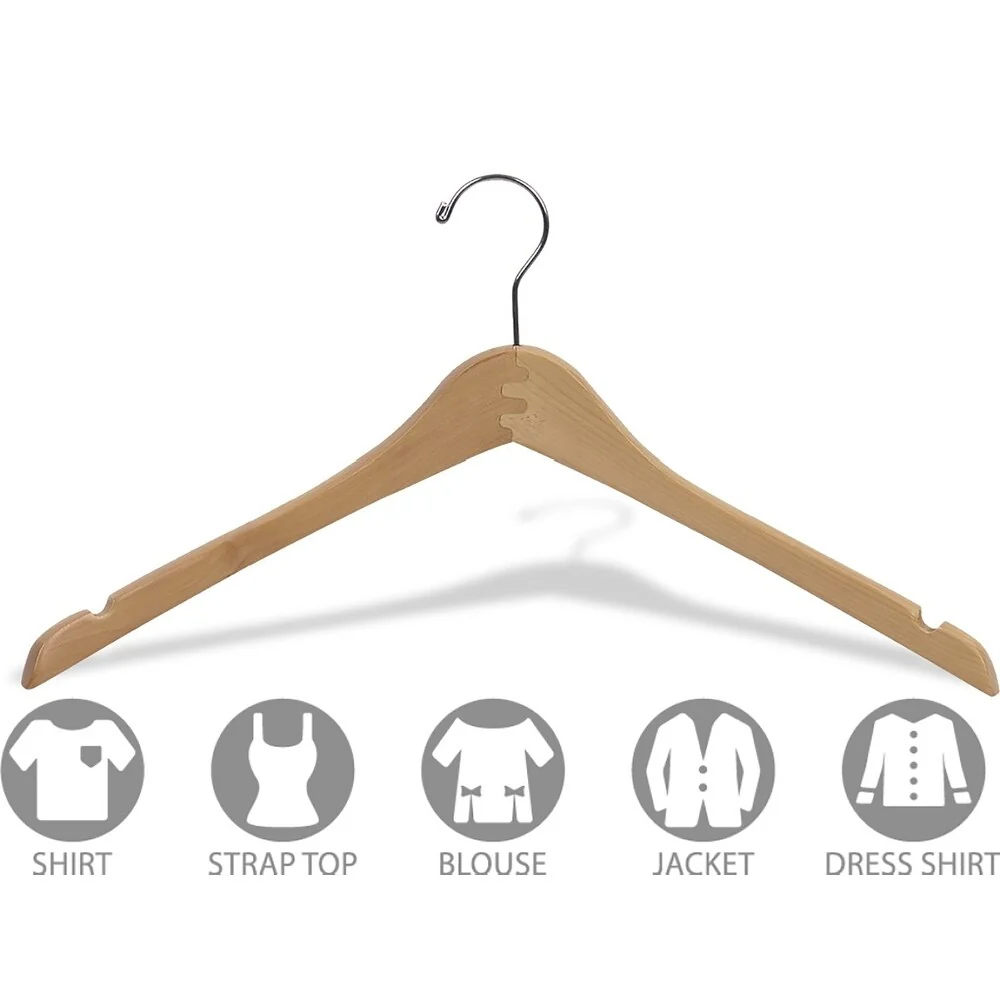 Curved Wooden Top Hanger with Natural Finish, 1/2 Inch Thick Hangers with Chrome Swivel Hook & Notches For Hanging Straps