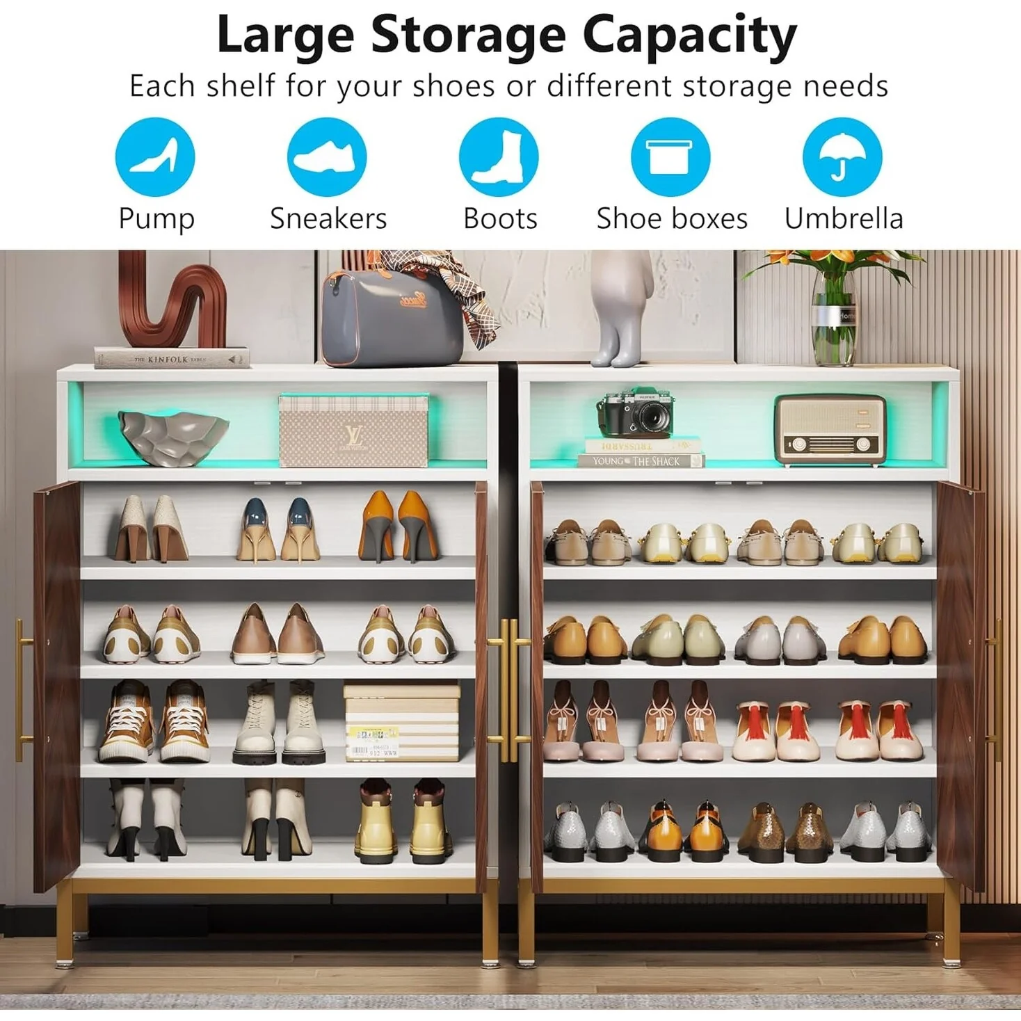 16 Pairs Shoe Cabinet with Doors, 5-tier Entryway Cabinet with Led Light, Free Standing Shoe Racks