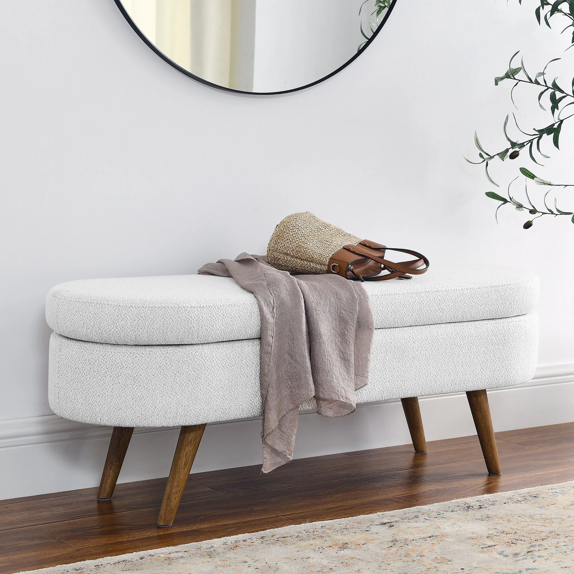 Ottoman Oval Storage Bench,Rubber Wood Legs, Beige