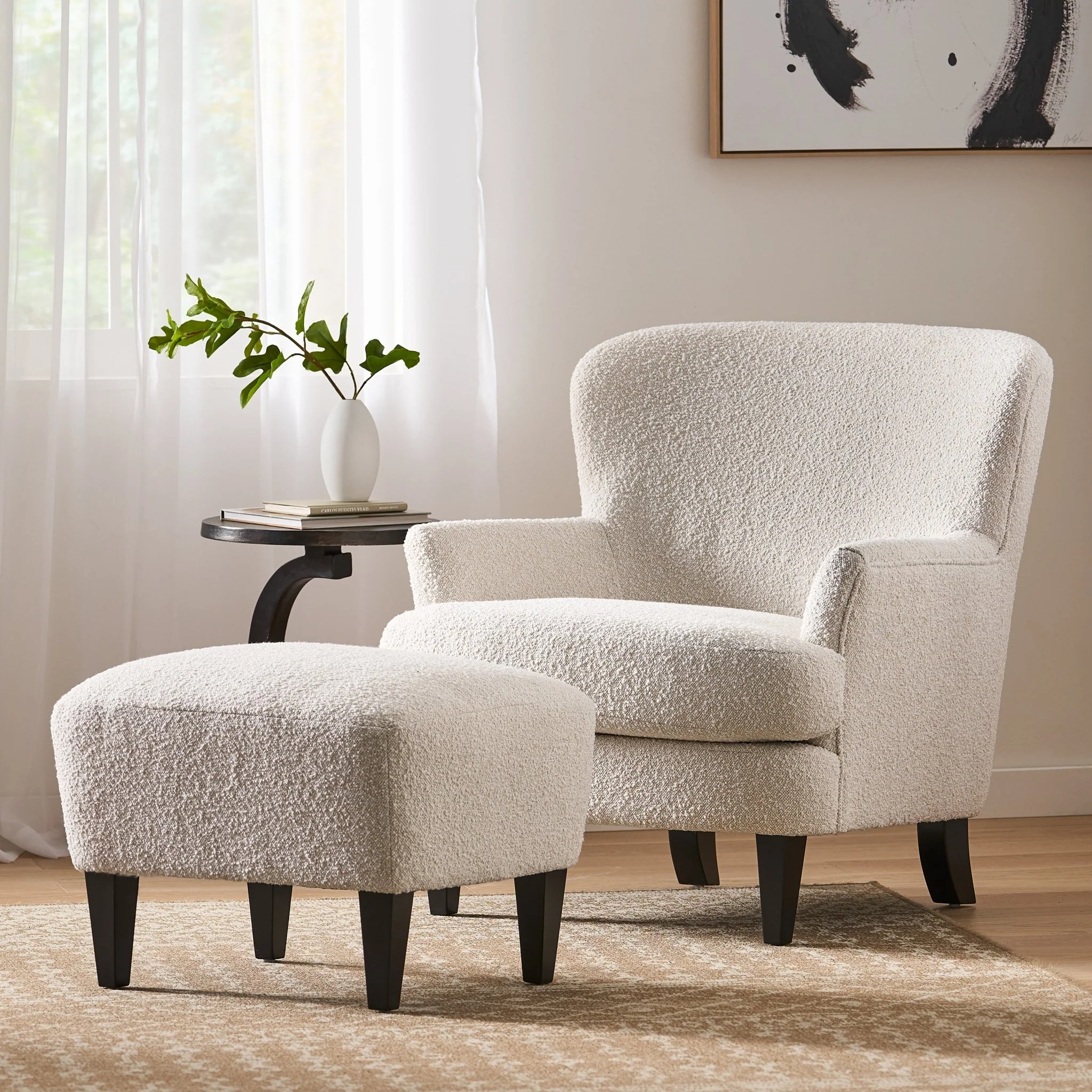 Boucle Fabric Upholstered Accent Chair with Ottoman