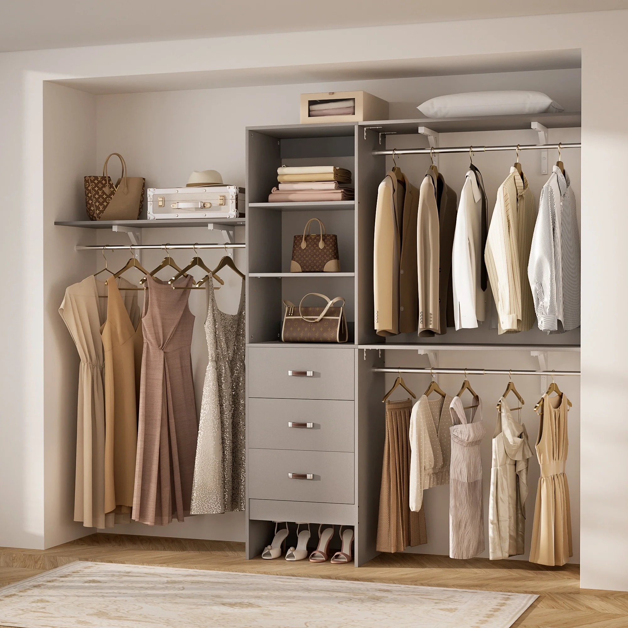 Rackcog 120'' Closet Organizer with Drawers, Closet System with DIY Shelves for Reach-in and Walk-in Closet