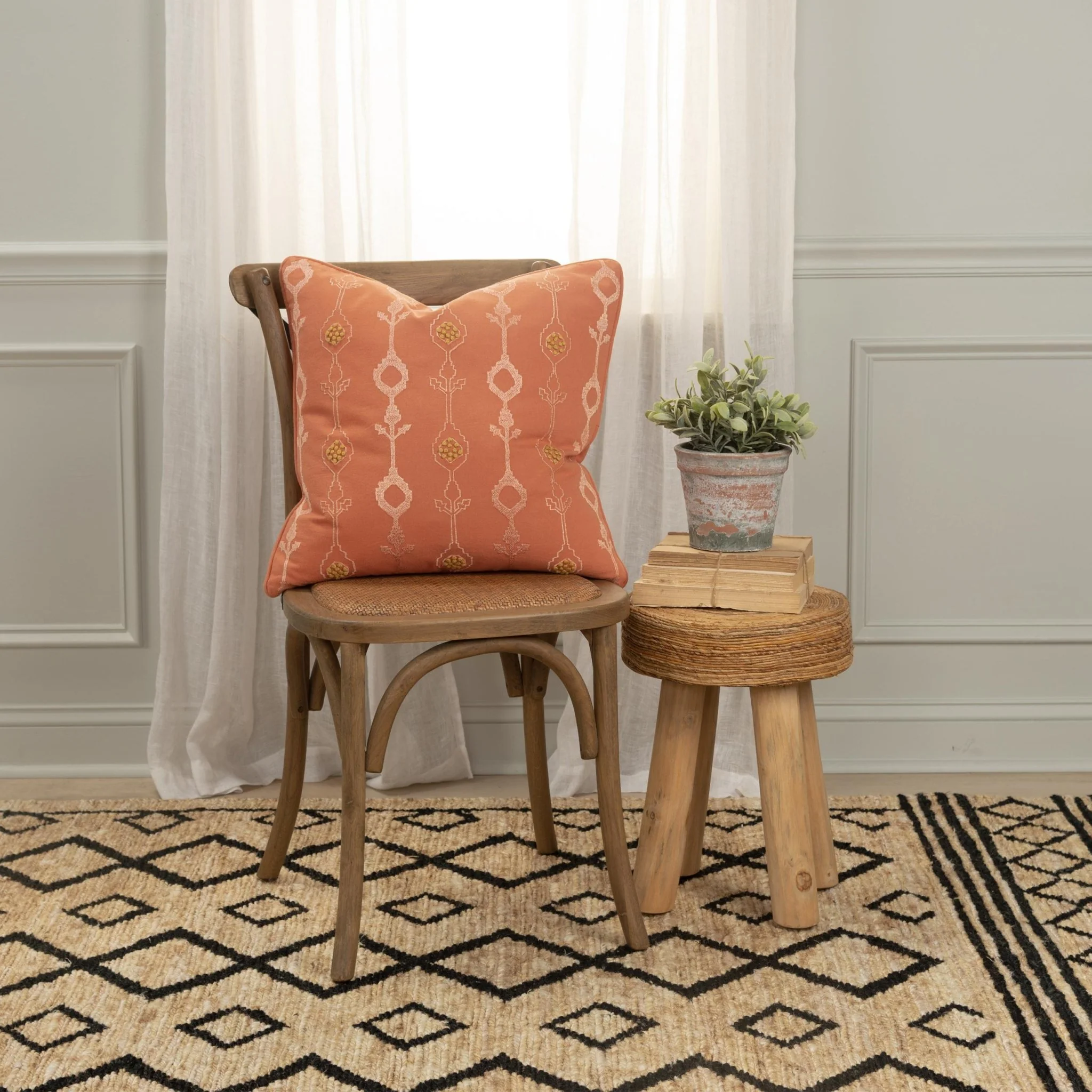 Embroidered Cotton Botanical  Decorative Throw Pillow