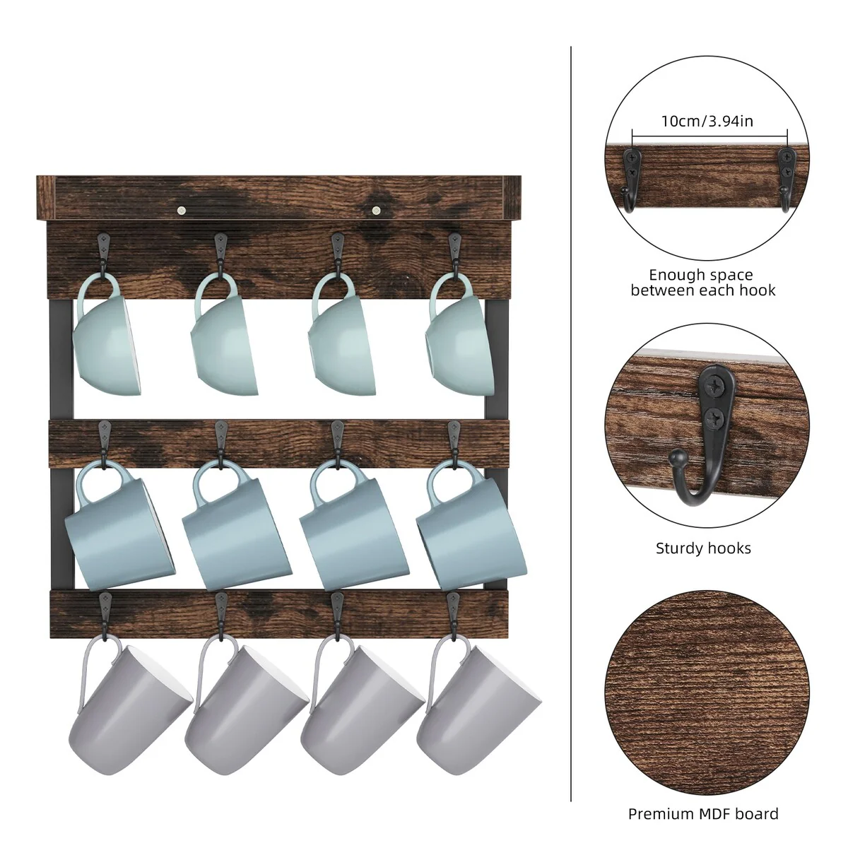 Coffee Mug Display Rack Wall Mounted Shelf with 12 Hooks for Kitchen