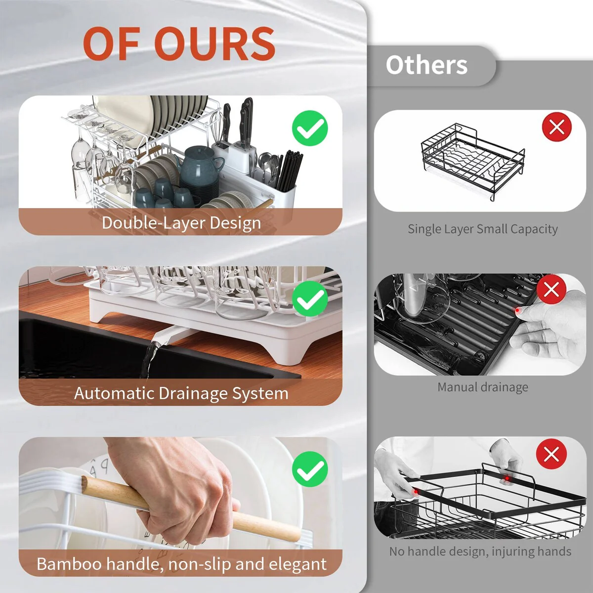 Double-Layer Dish Rack with Bamboo Handle