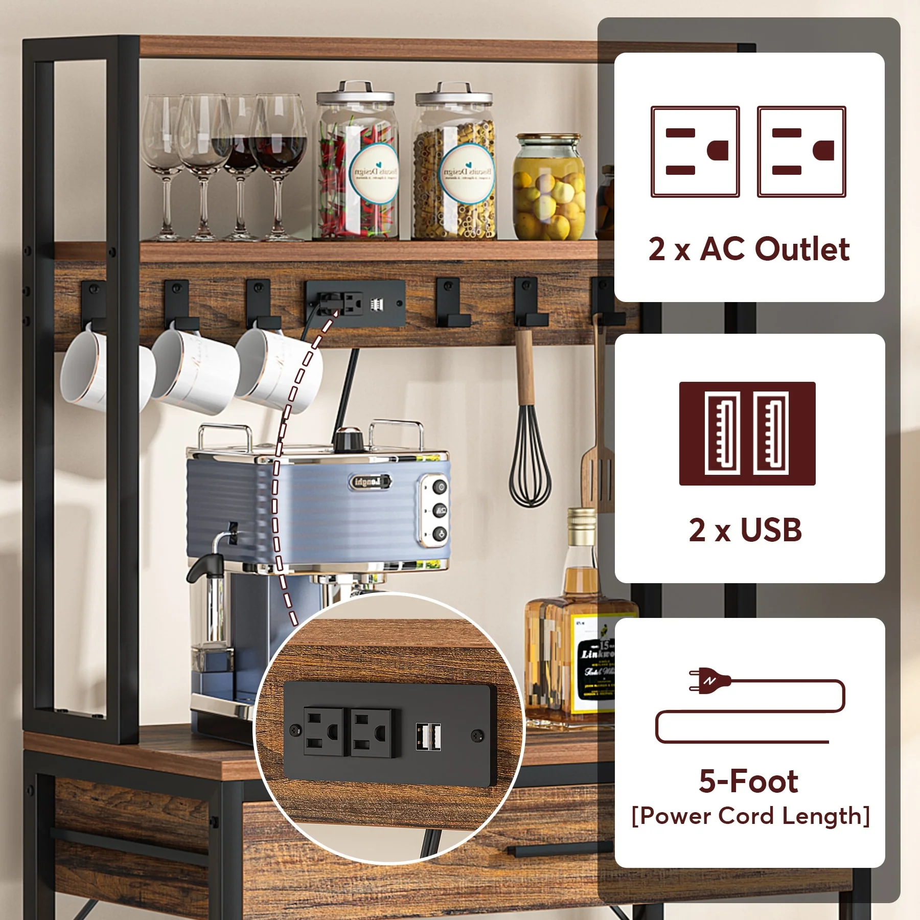 Kitchen Bakers Rack with Power Outlets, High Utility Storage Shelves Microwave Stand with Drawers