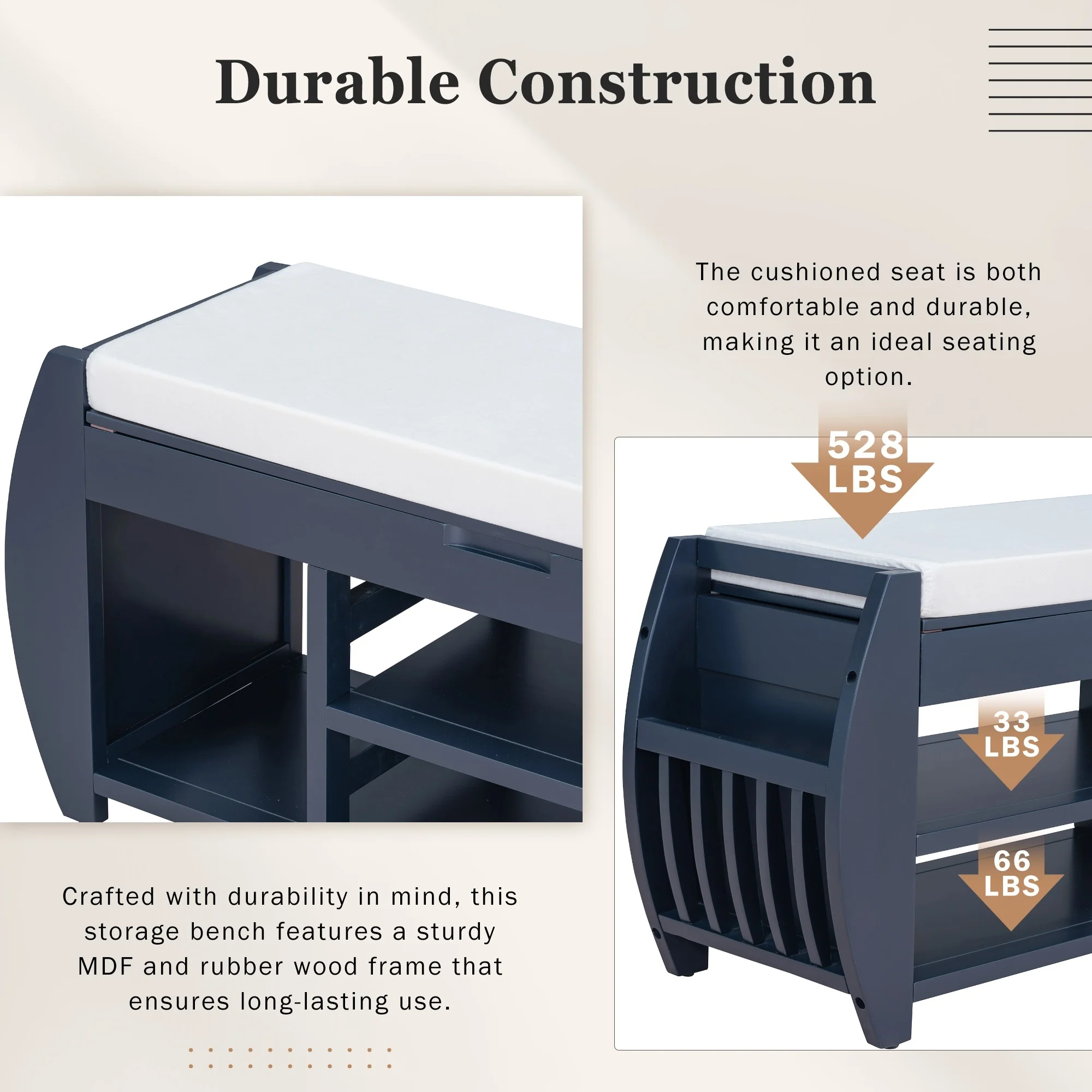 Multifunctional Storage Bench with Cushion and Curved Side Panel for Entrance and Living Room