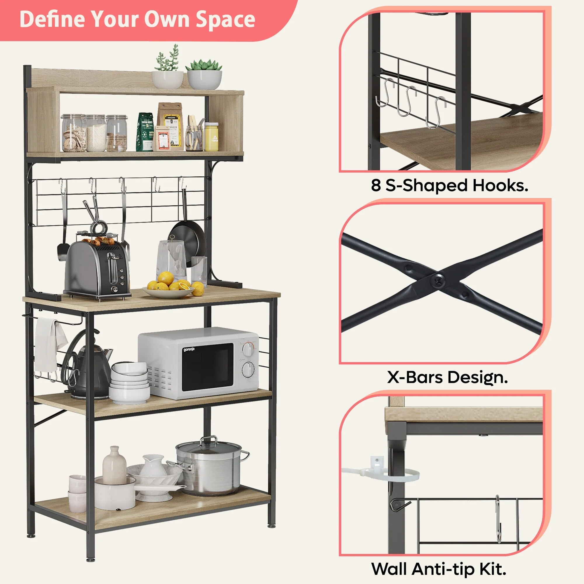 63 Inch Kitchen Baker's Rack with Hutch 8 Side Hooks
