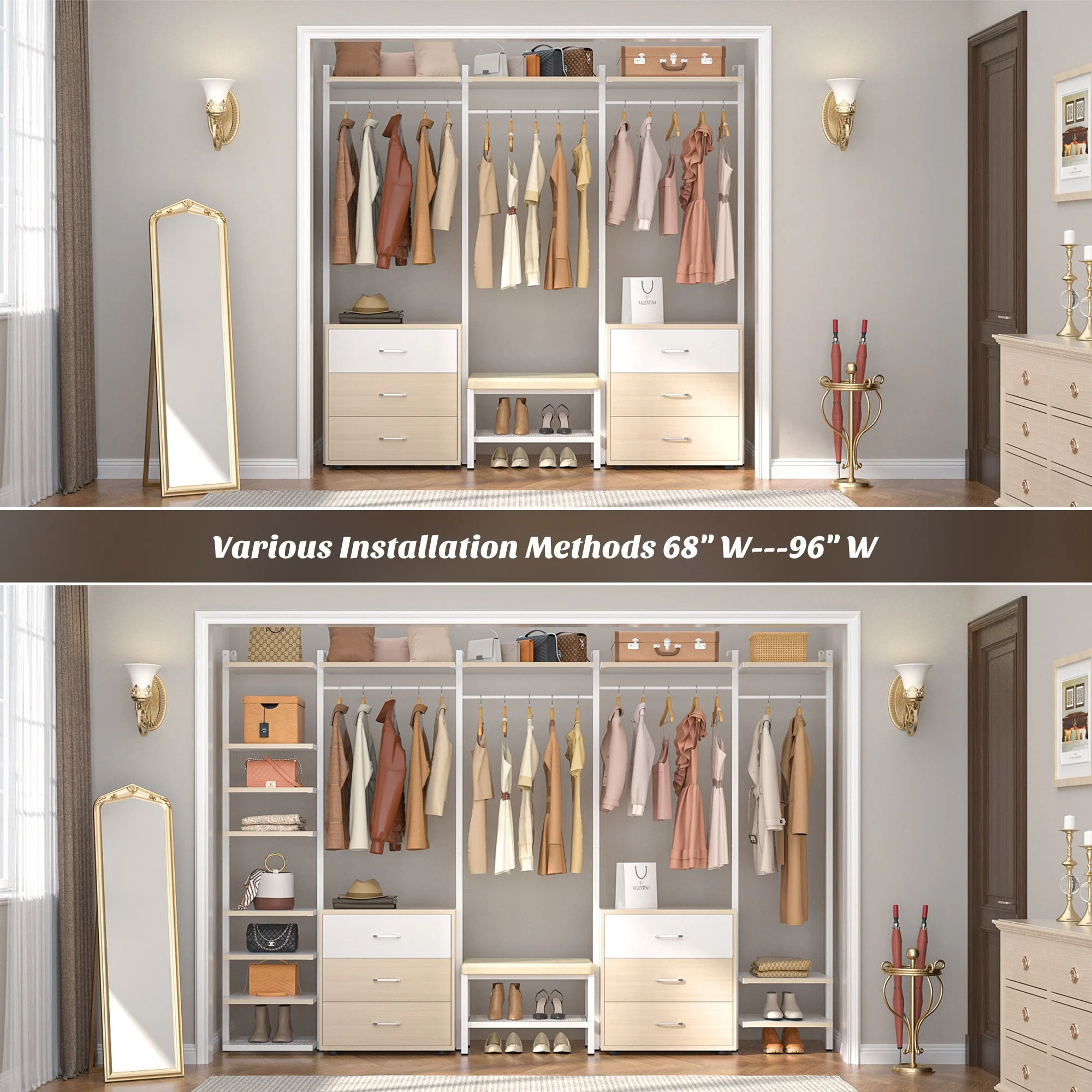 Walk in Closet System with 6 Closet Drawers, 96'' Multifunctional Clothes Rack Closet Organizer