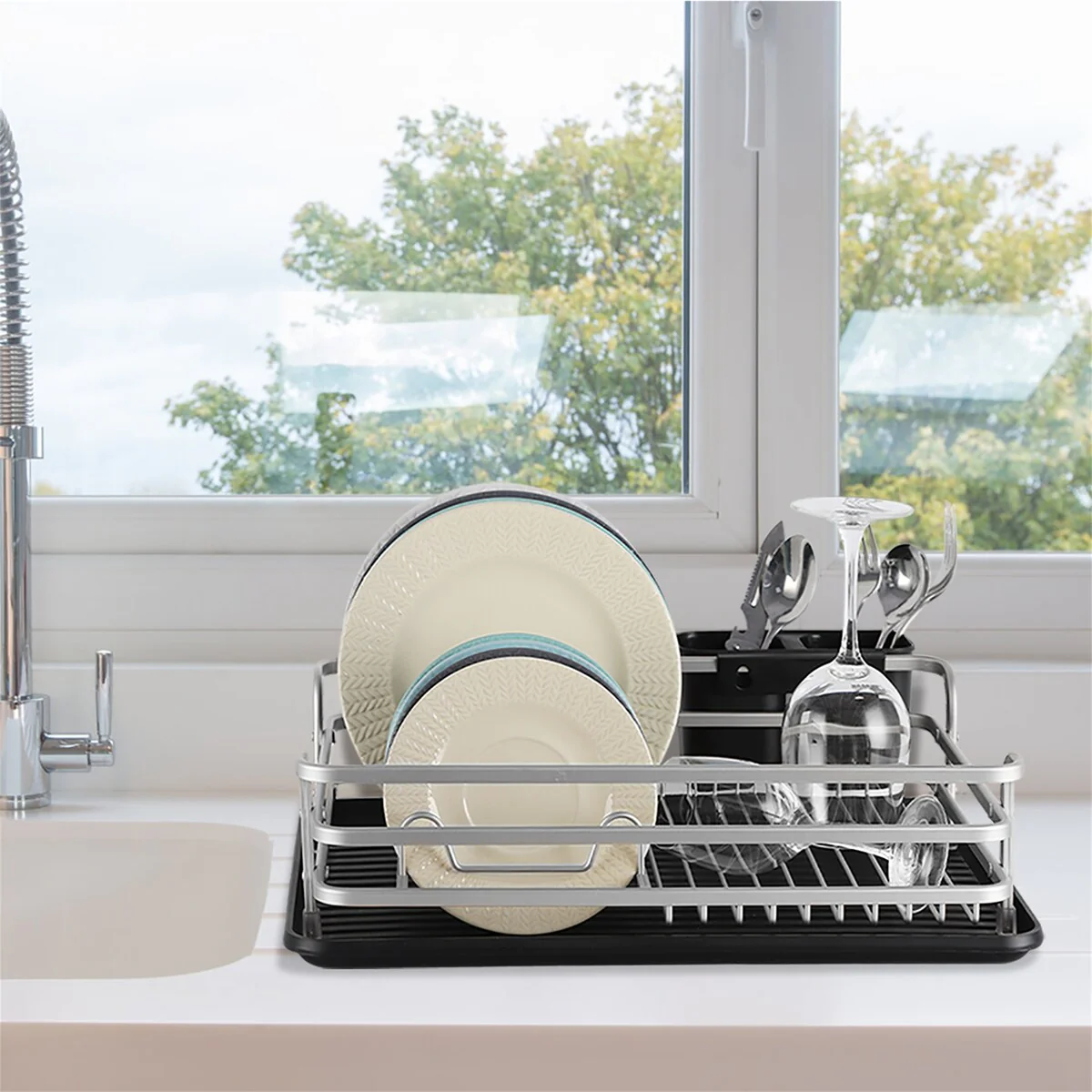 Aluminum Dish Drying Rack with Cutlery Holder, Silver