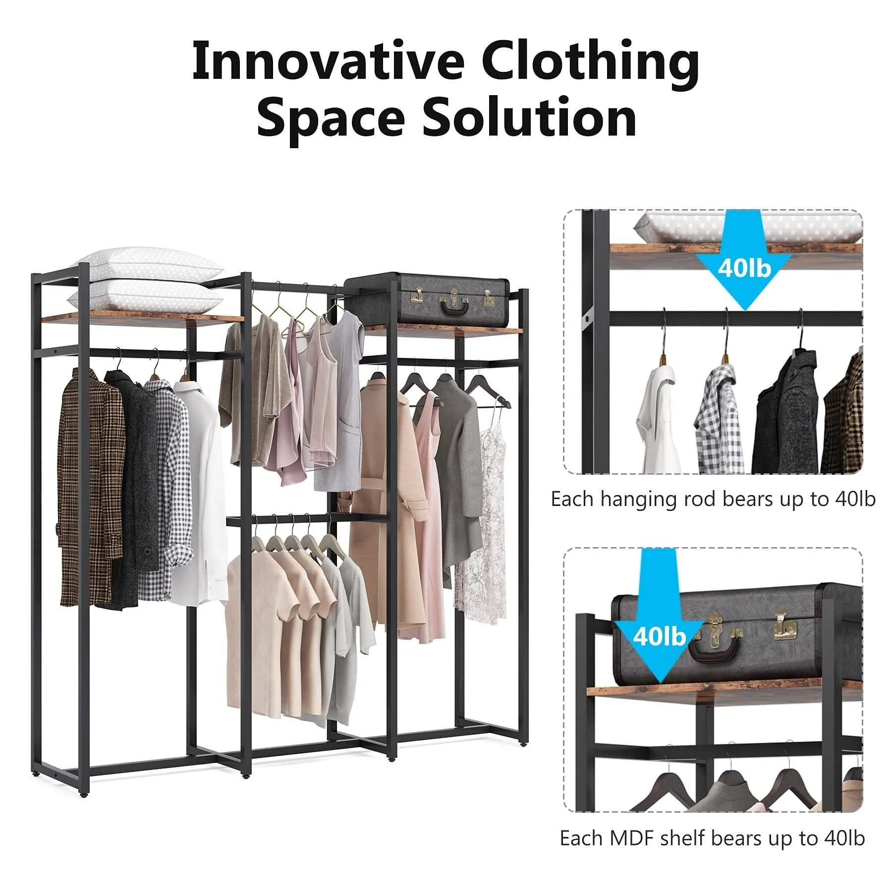Garment Rack Heavy Duty Clothes Rack Free Standing Closet Organizer with Shelves and 4 hanging Rods - 18