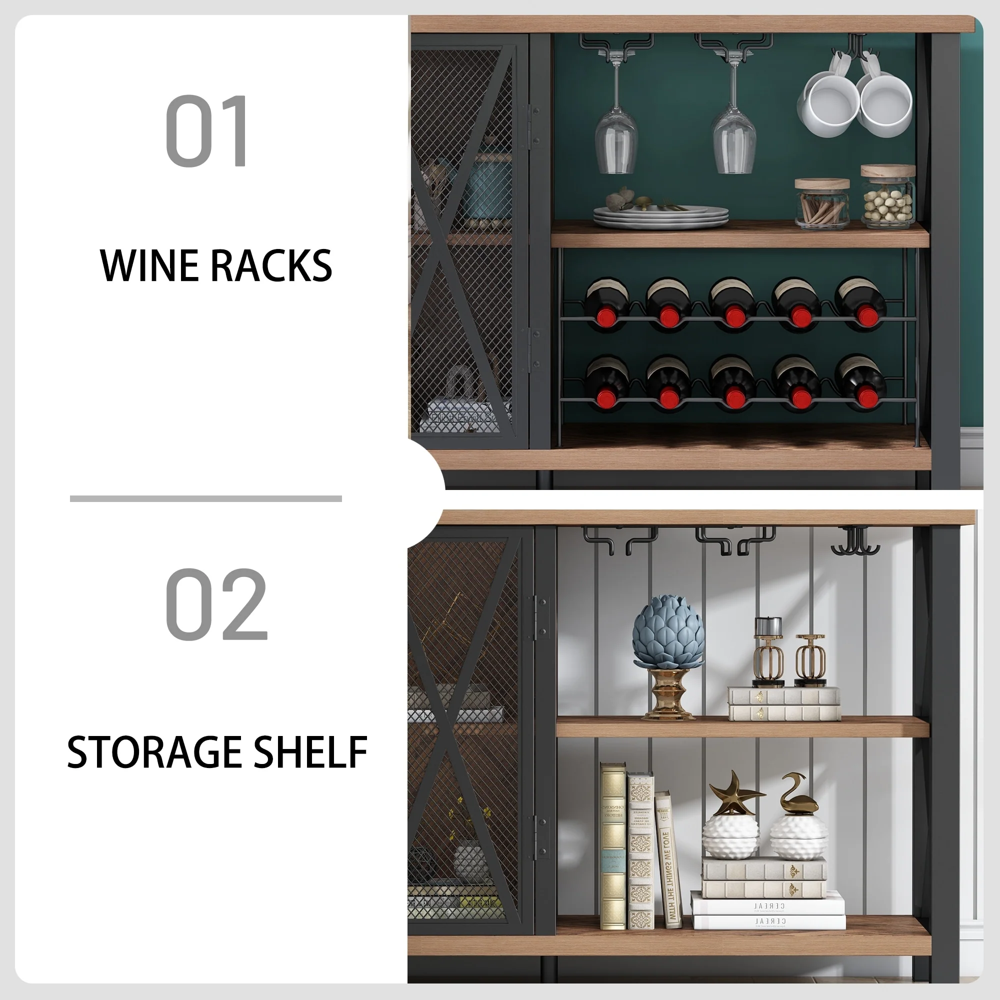 Myhozm Buffet Bar Cabinet with Wine Rack, Modern Buffet/Sideboard Wine Bar Dining Server, Grey/Brown